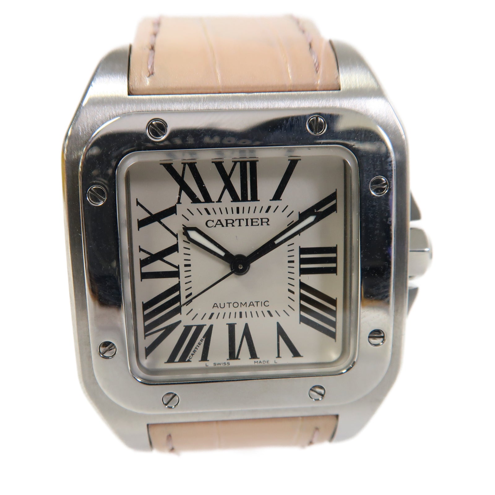 CARTIER Santos 100不鏽鋼/皮革手錶自動機芯白色