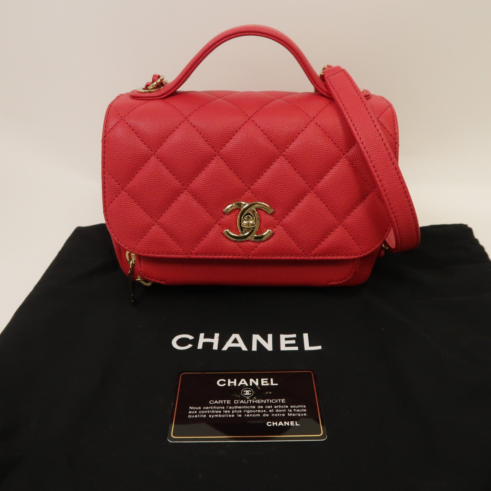 CHANEL 菱格Caviar皮革Business Affinity Shoulder Bag金扣手挽肩背兩用袋紅色