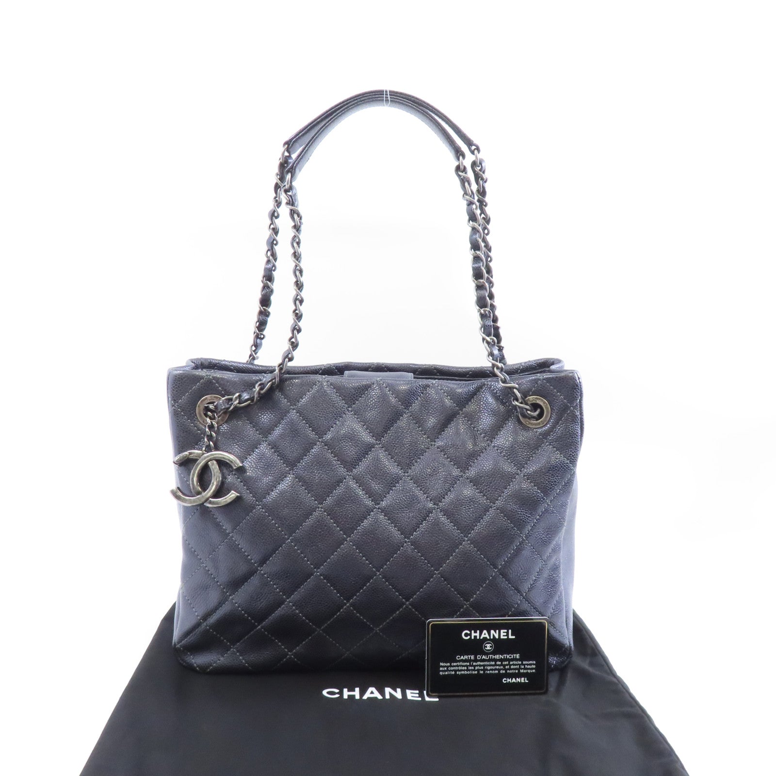 CHANEL 【激減優惠】菱格Caviar皮革Chain Shoulder銀扣鏈帶肩背袋深灰色