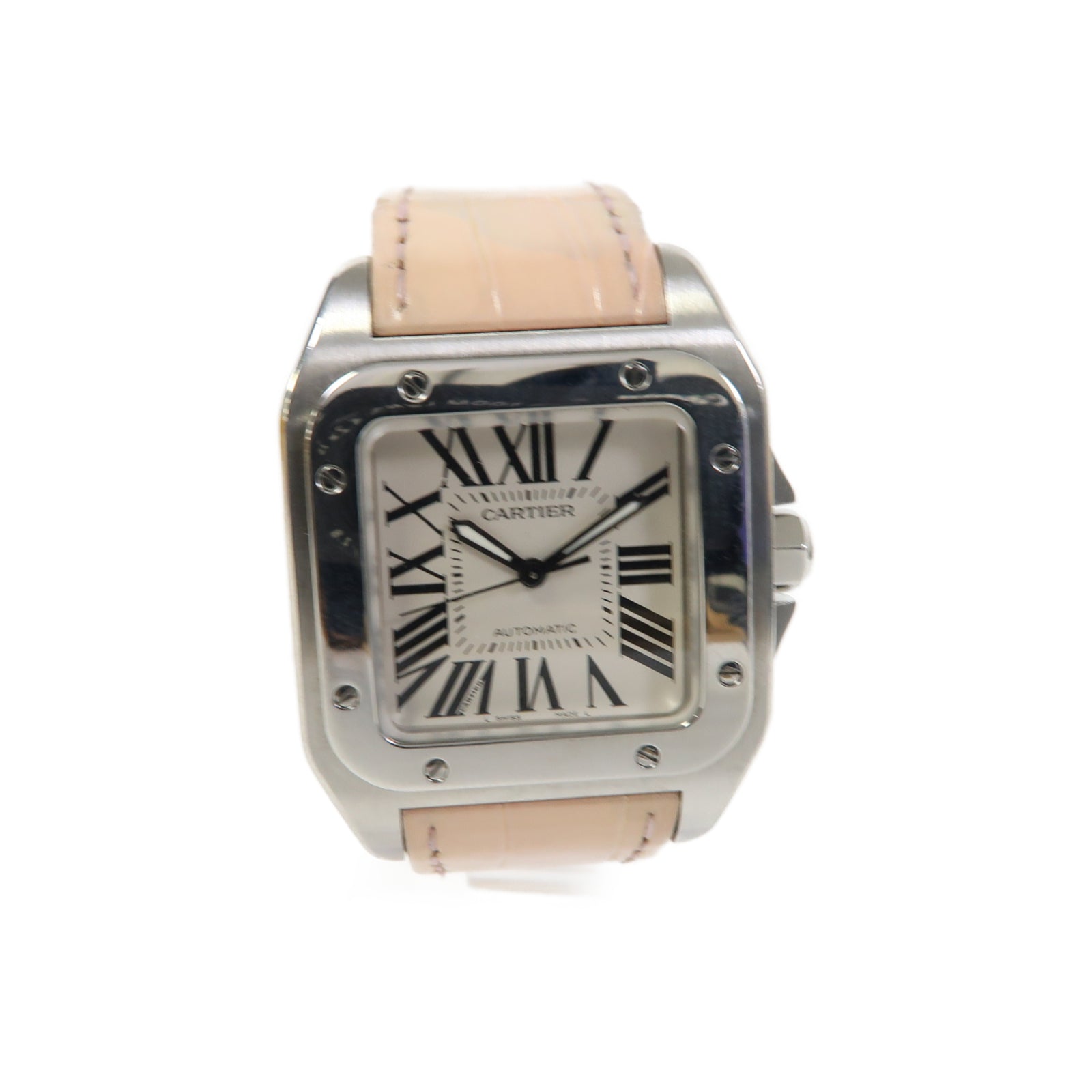 CARTIER Santos 100不鏽鋼/皮革手錶自動機芯白色
