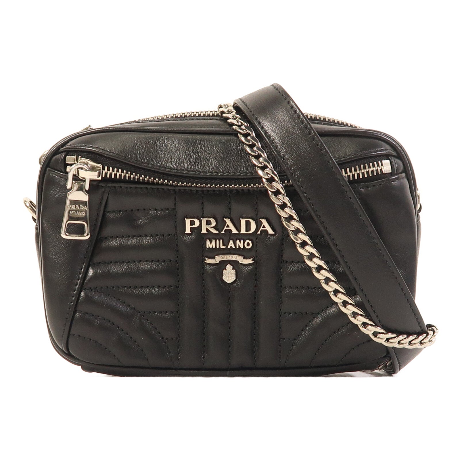 PRADA 牛皮皮革Shoulder Bag銀扣鏈帶肩背袋/腰包