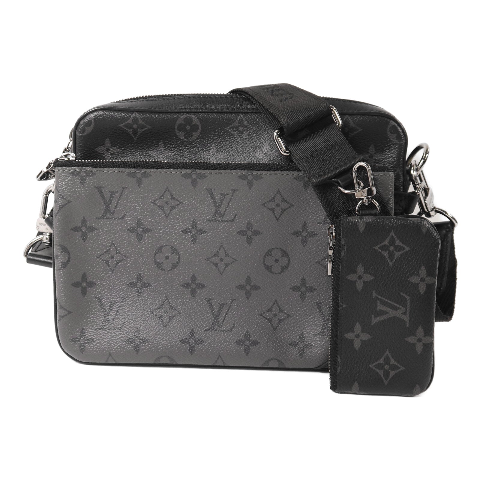 LOUIS VUITTON Monogram Eclipse Reverse Trio Messenger銀扣肩背袋灰色