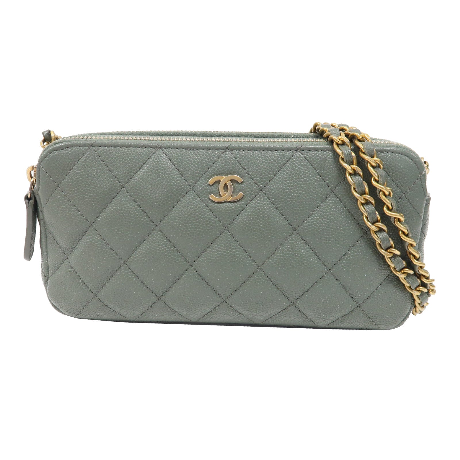 CHANEL 【激減優惠】菱格牛皮皮革Chain Shoulder金扣鏈帶肩背袋綠色