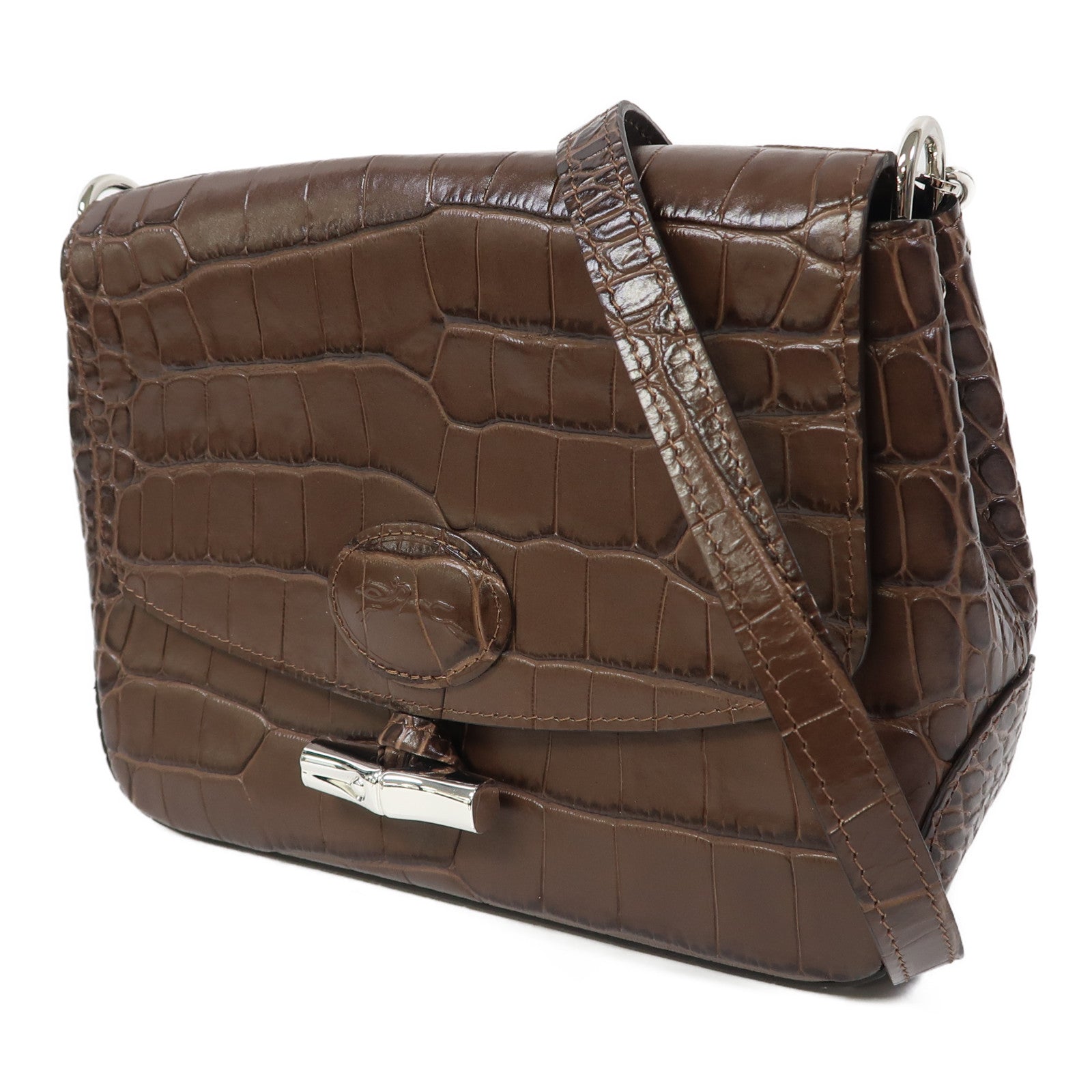 Longchamp 牛皮皮革Shoulder Bag銀扣肩背袋啡色