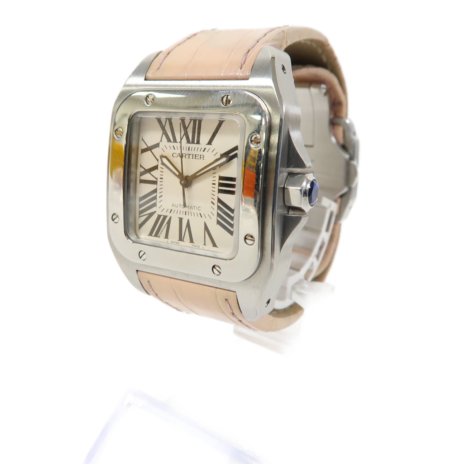 CARTIER Santos 100不鏽鋼/皮革手錶自動機芯白色