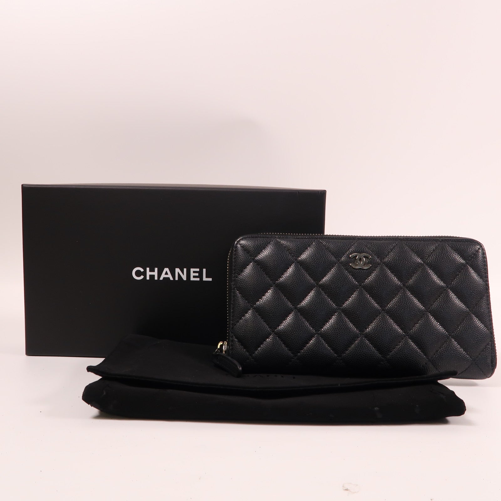 CHANEL 菱格Caviar皮革Zipper Long Wallet銀扣長錢包黑色