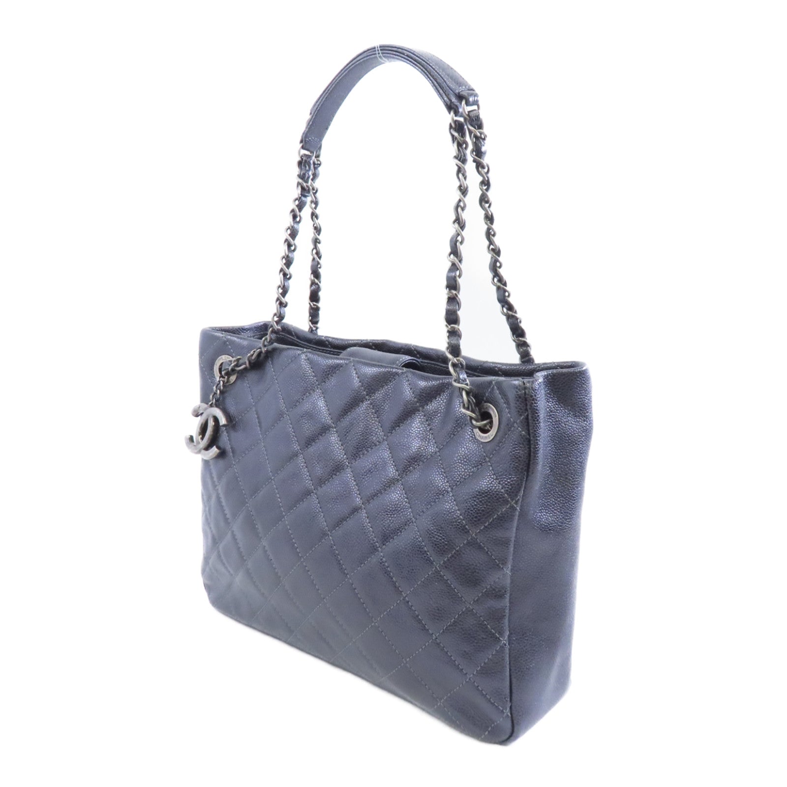 CHANEL 【激減優惠】菱格Caviar皮革Chain Shoulder銀扣鏈帶肩背袋深灰色