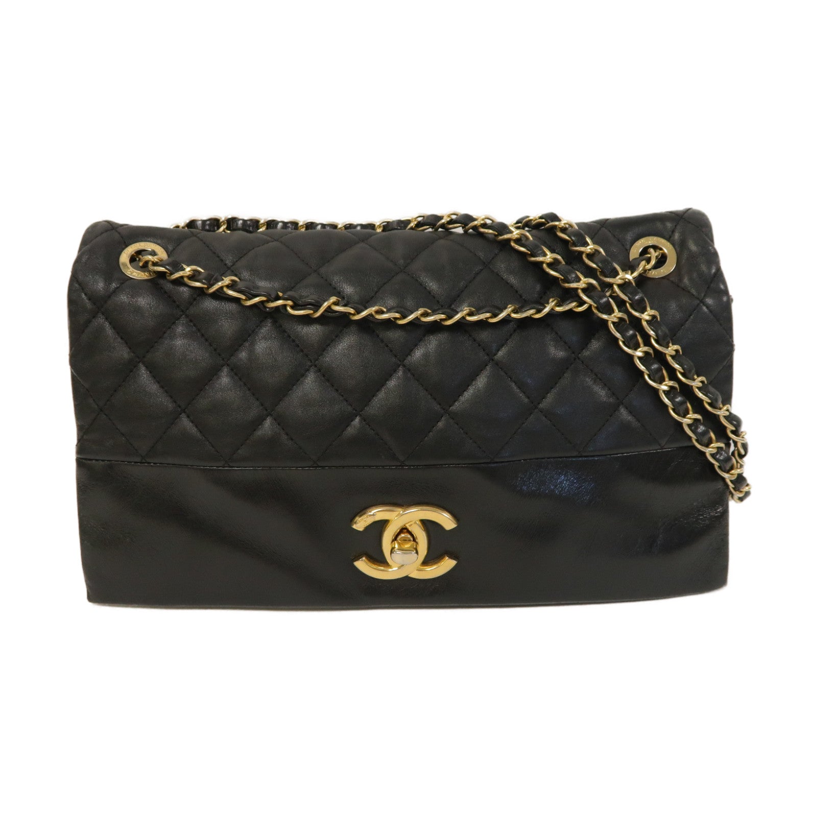 CHANEL 菱格羊皮皮革Chain Shoulder金扣鏈帶肩背袋黑色