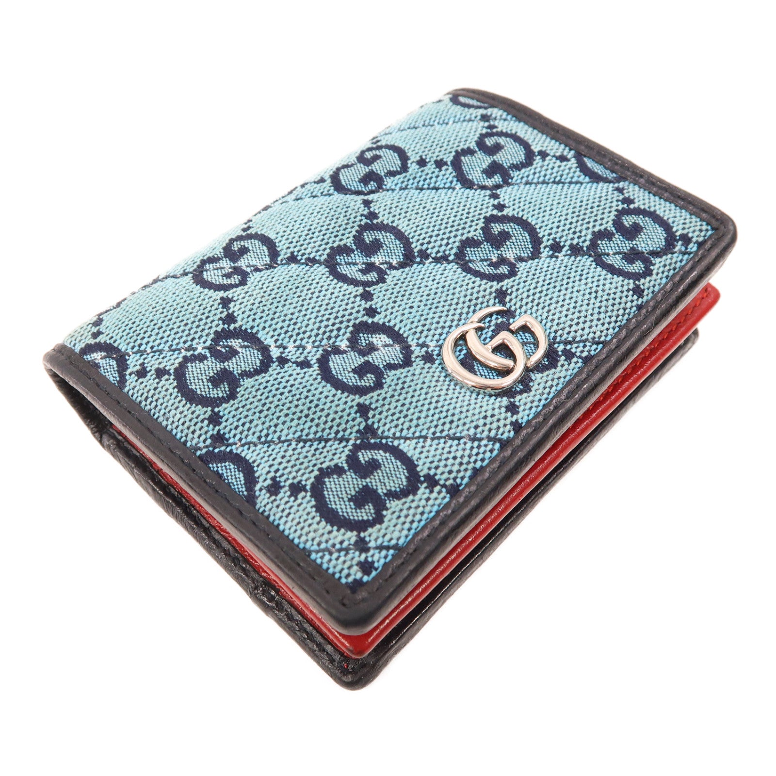 GUCCI 【激減優惠】帆布Wallet銀扣自動錢包藍色/粉紅色