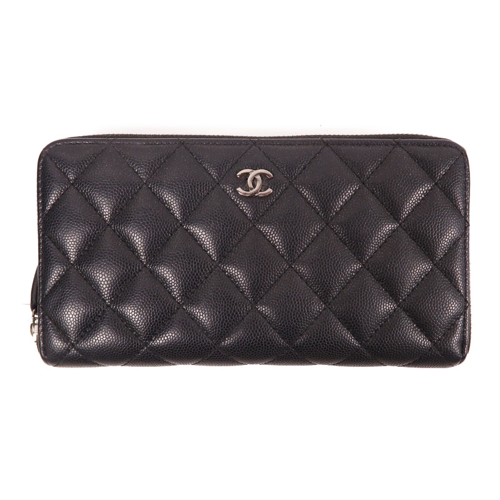 CHANEL 菱格Caviar皮革Zipper Long Wallet銀扣長錢包黑色