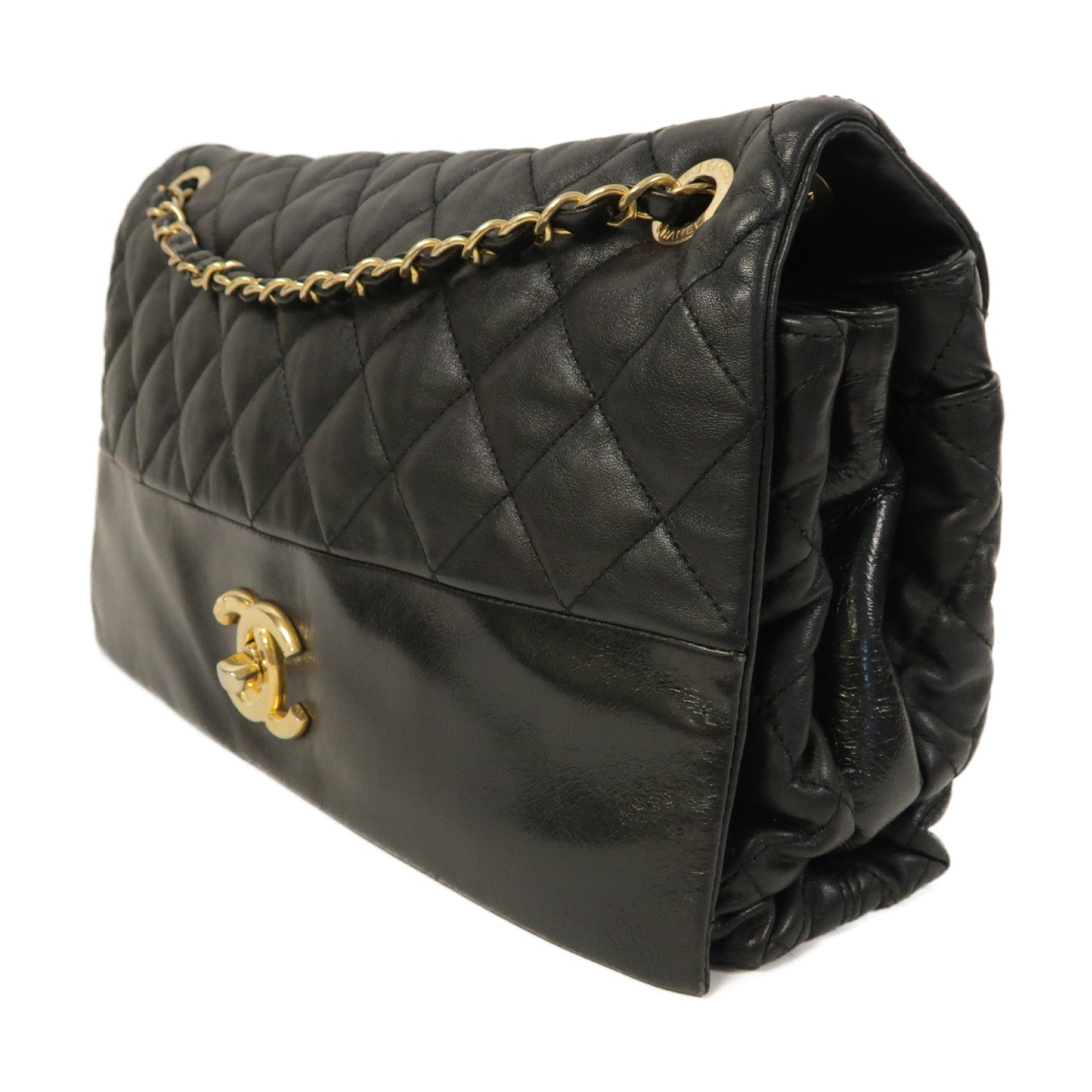 CHANEL 菱格羊皮皮革Chain Shoulder金扣鏈帶肩背袋黑色