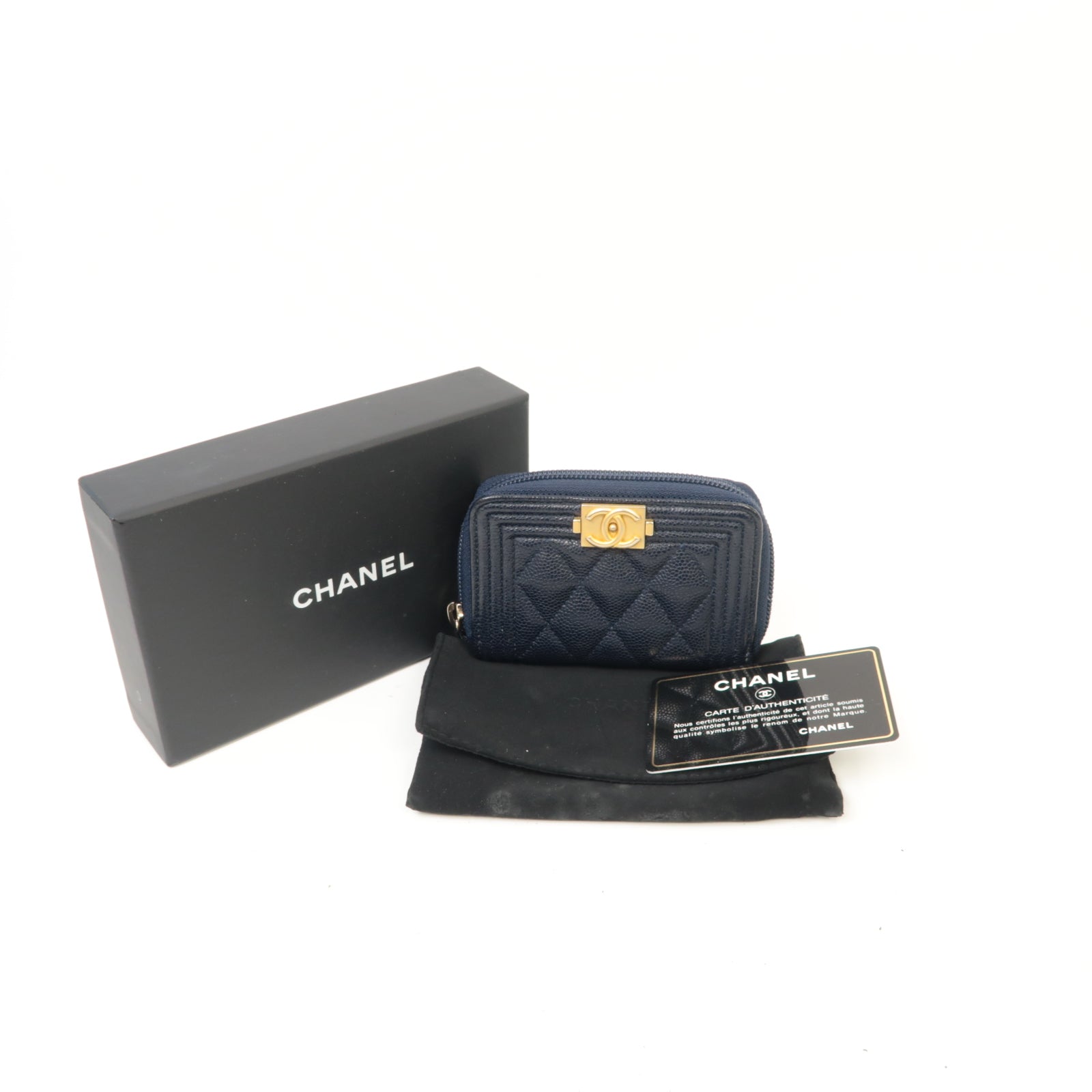 CHANEL 【激減優惠】菱格Caviar皮革Boy Coin Purse金扣零錢包深藍色