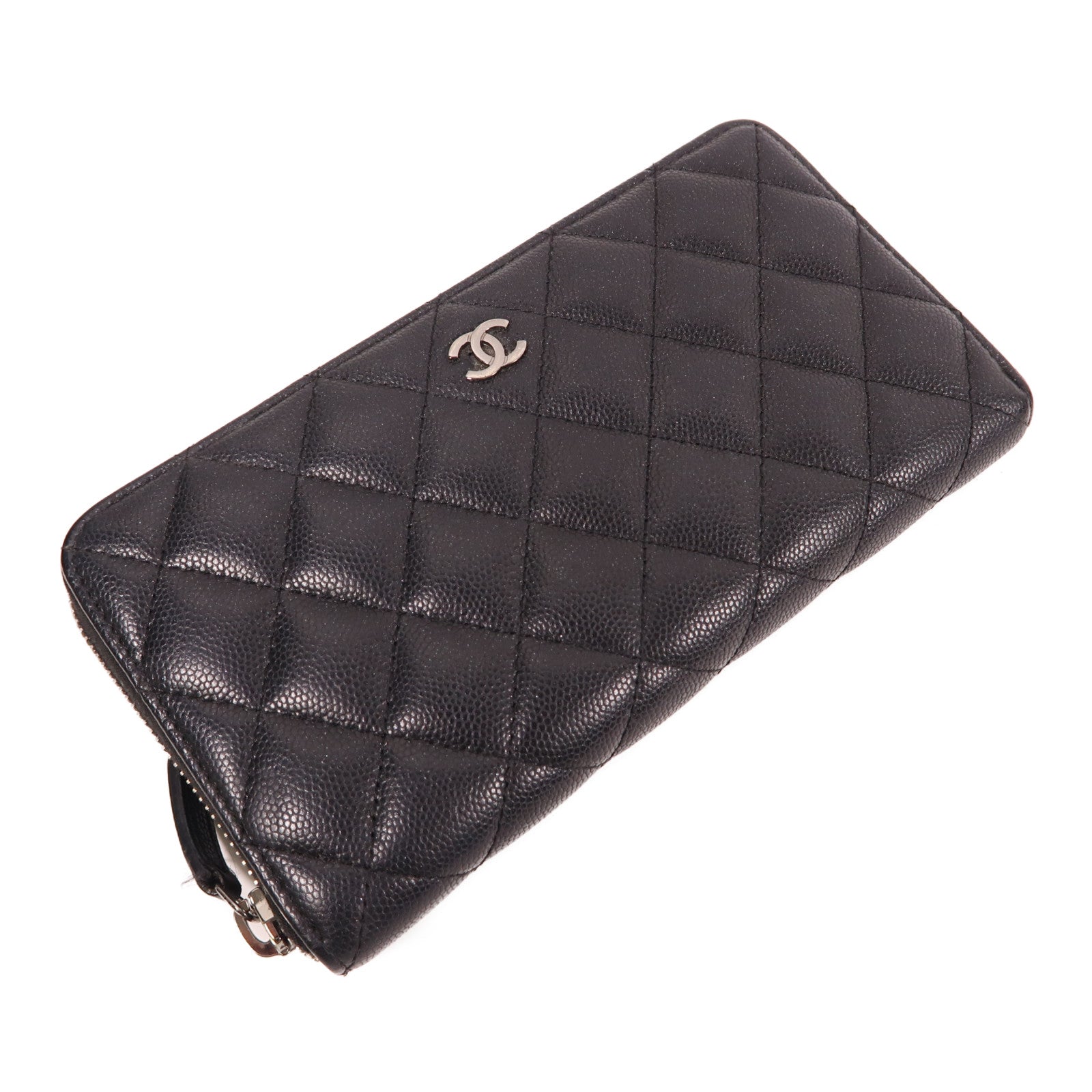 CHANEL 菱格Caviar皮革Zipper Long Wallet銀扣長錢包黑色