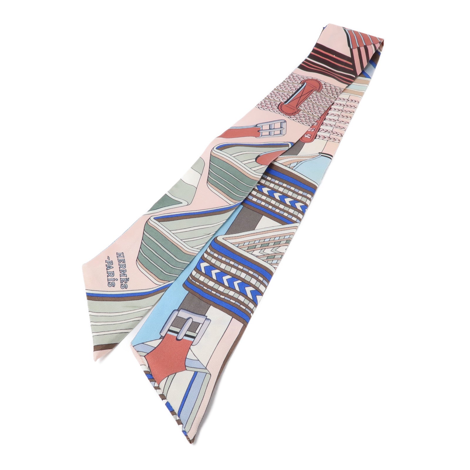 HERMES 絲質Twilly絲巾藍色/粉紅色