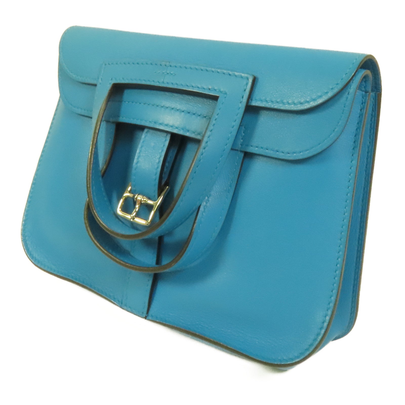 HERMES Swift皮革Mini Halzan銀扣手挽肩背兩用袋Bleu Zanzibar