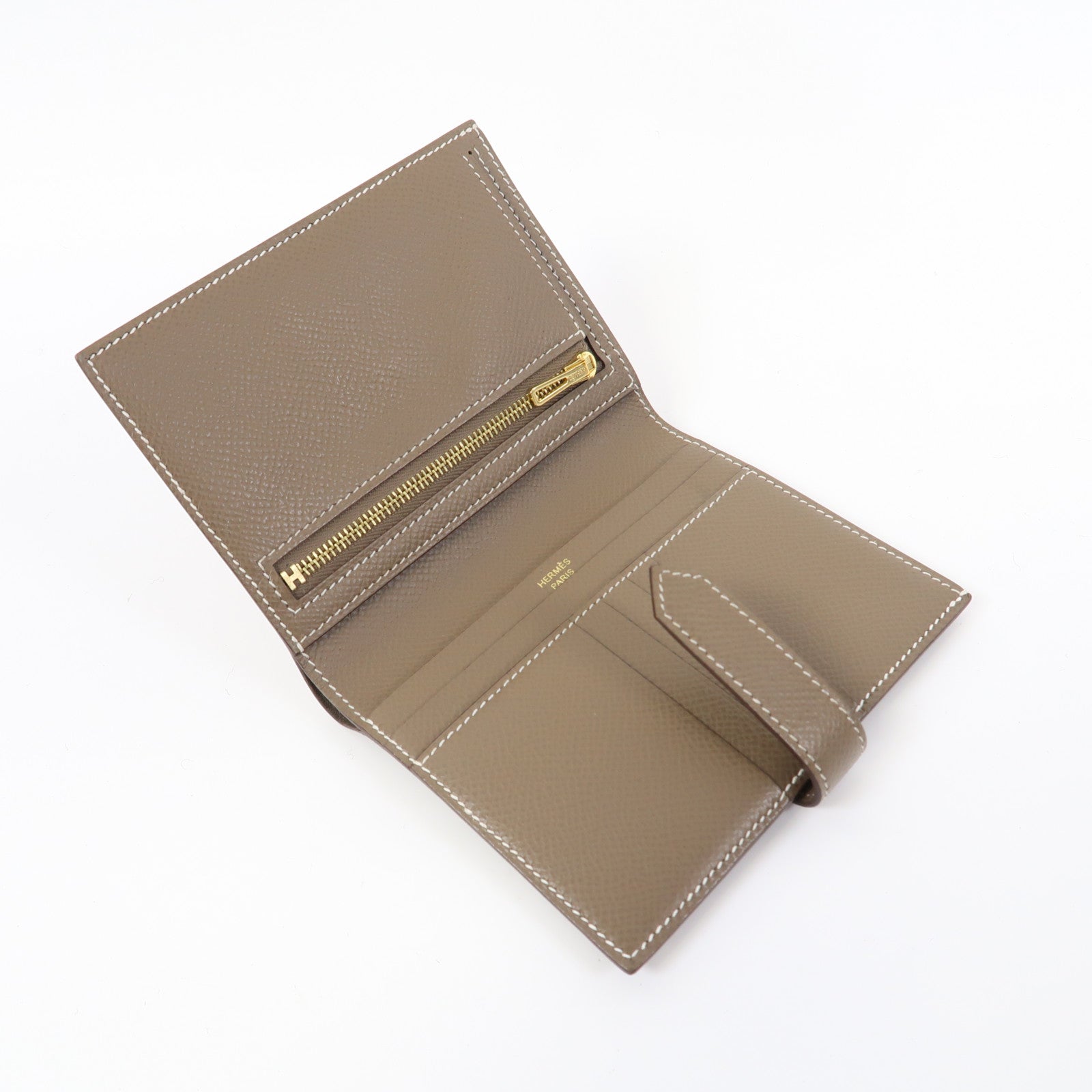 HERMES Epsom皮革Bearn Compact Wallet金扣錢包大象灰色