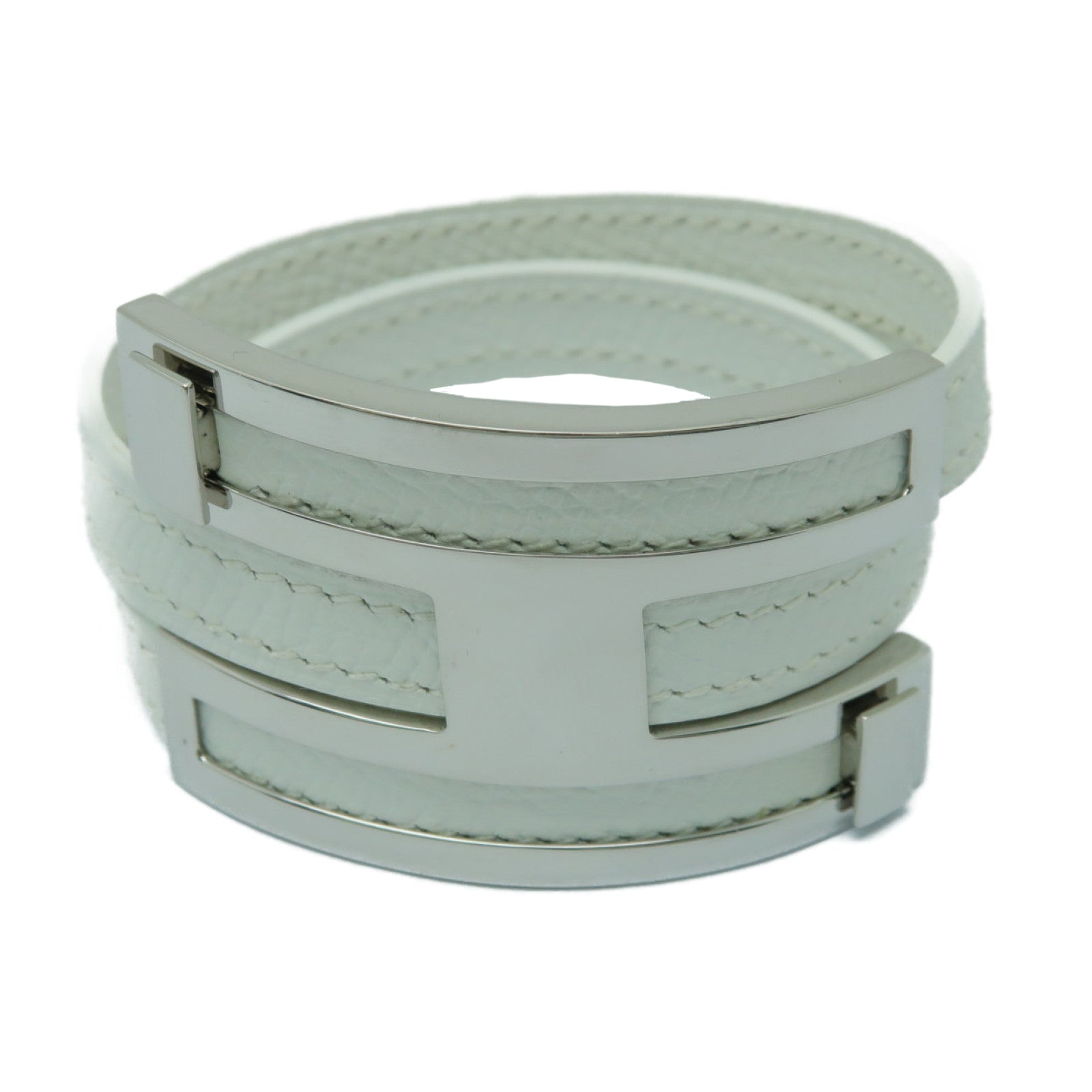 HERMES 【激減優惠】Epsom皮革/金屬Puspus Bracelet銀扣手鐲白色