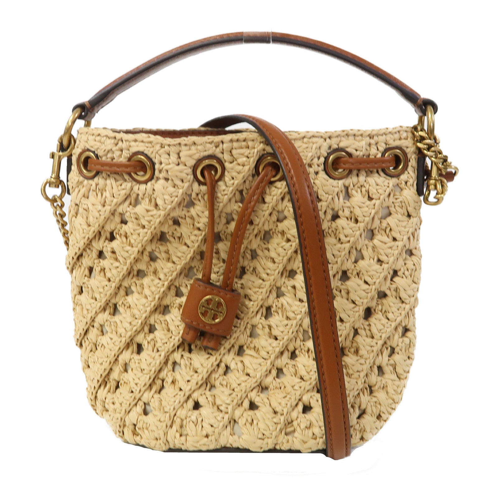 Tory Burch 藤製Bucket Bag金扣手挽肩背兩用袋啡色