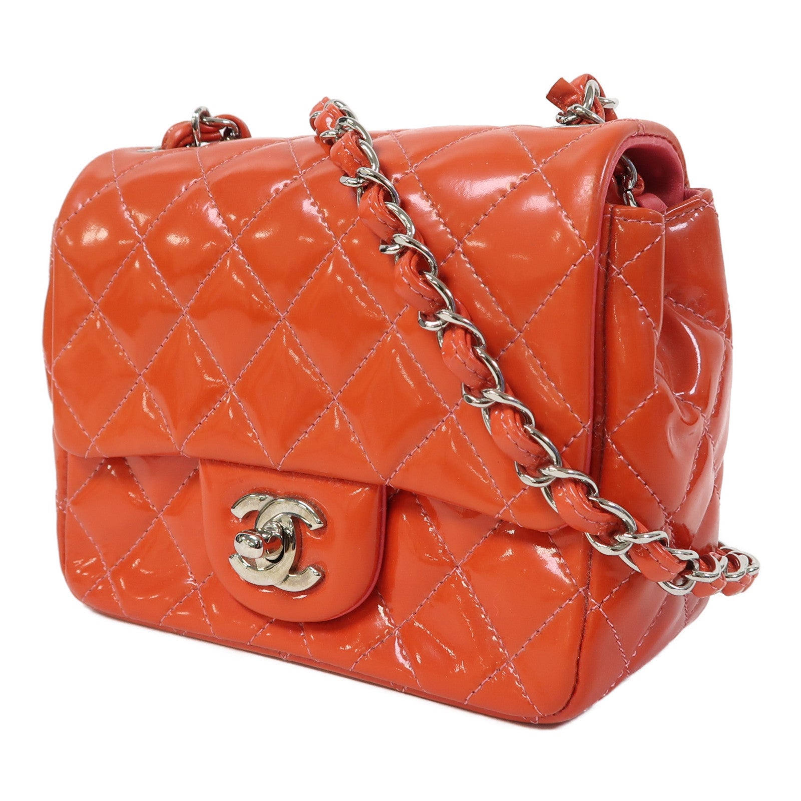 CHANEL 【激減優惠】菱格漆皮Classic Mini Square Chain Shoulder Bag銀扣鏈帶肩背袋橙色