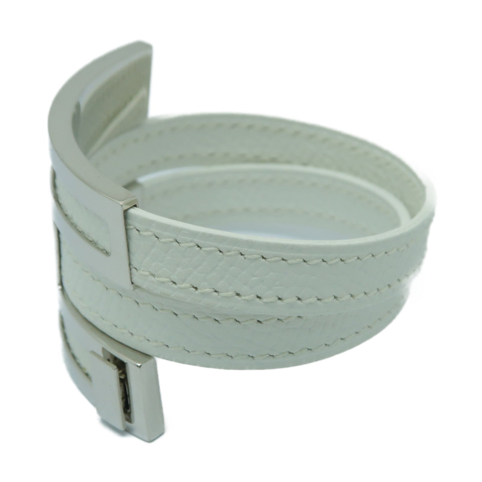 HERMES 【激減優惠】Epsom皮革/金屬Puspus Bracelet銀扣手鐲白色