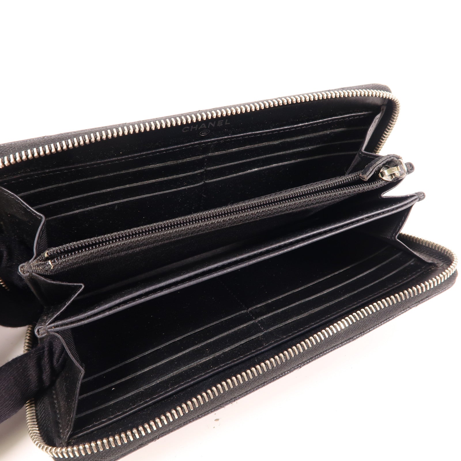 CHANEL 菱格Caviar皮革Zipper Long Wallet銀扣長錢包黑色