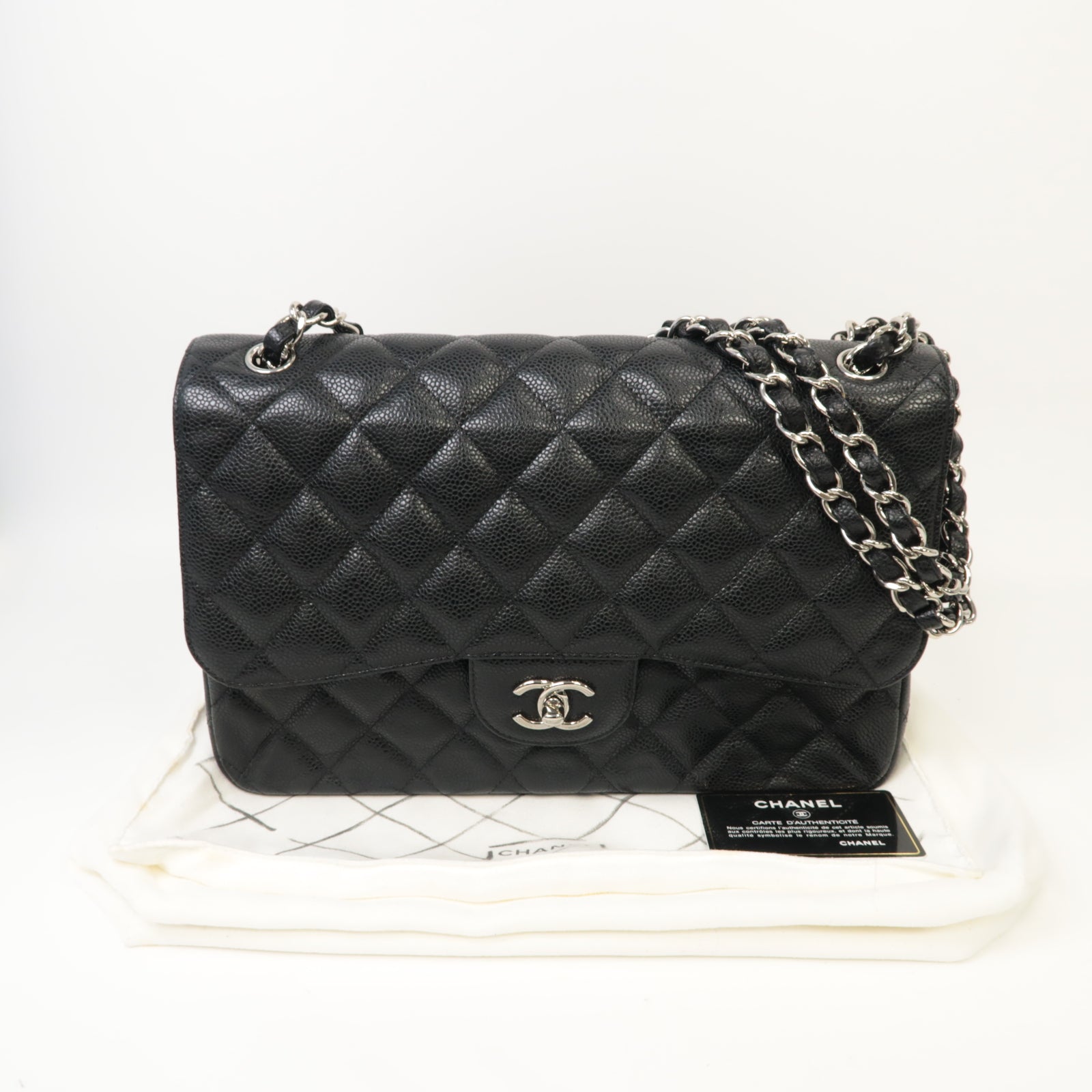 CHANEL 【激減優惠】菱格Caviar皮革Classic Jumbo銀扣鏈帶肩背袋黑色