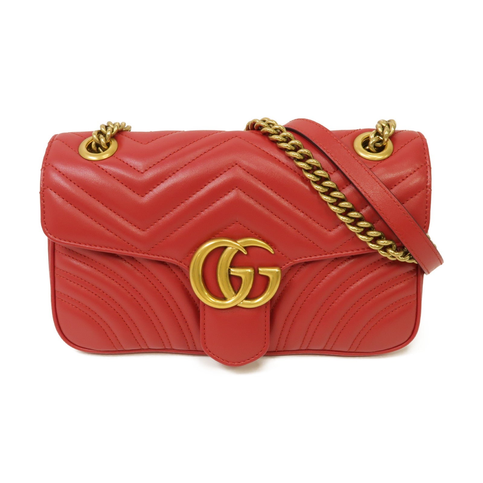 GUCCI 【激減優惠】牛皮皮革GG Marmont金扣鏈帶肩背袋紅色
