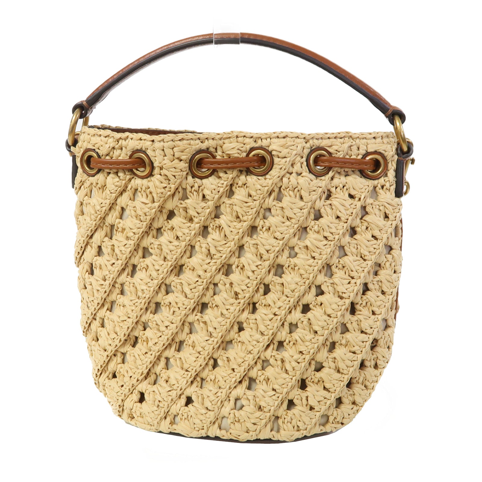 Tory Burch 藤製Bucket Bag金扣手挽肩背兩用袋啡色