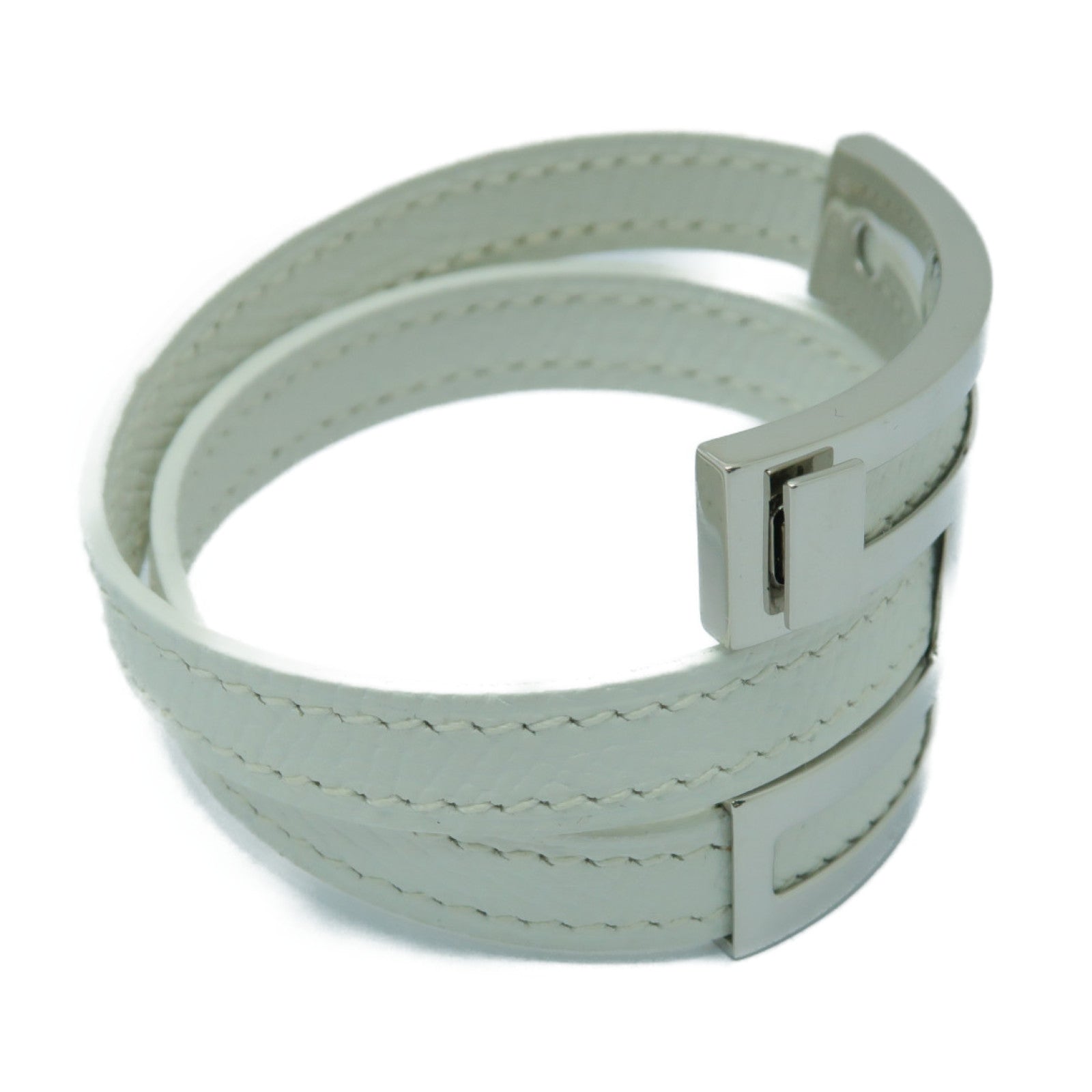 HERMES 【激減優惠】Epsom皮革/金屬Puspus Bracelet銀扣手鐲白色