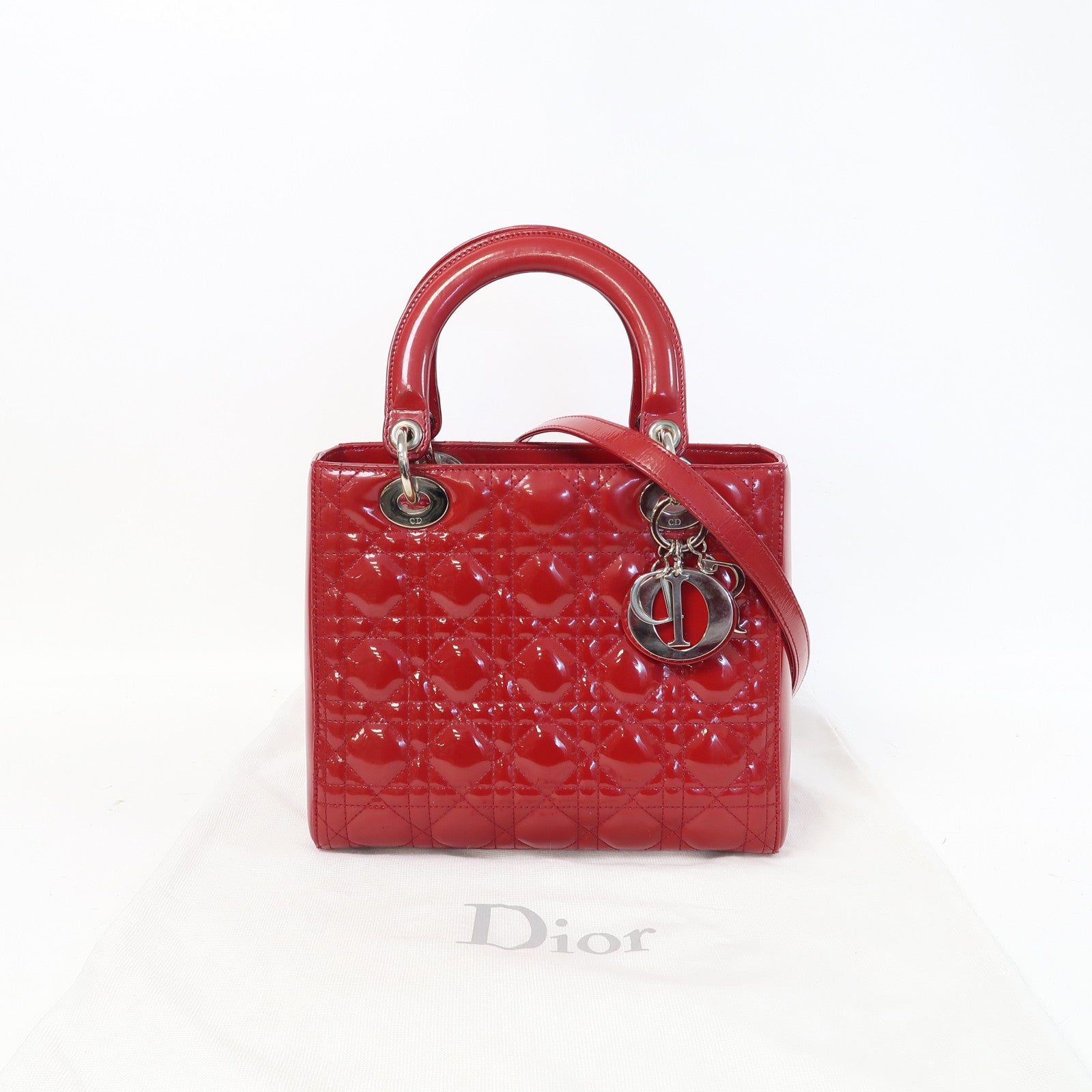 Dior 漆皮皮革Lady Dior銀扣手挽肩背兩用袋紅色