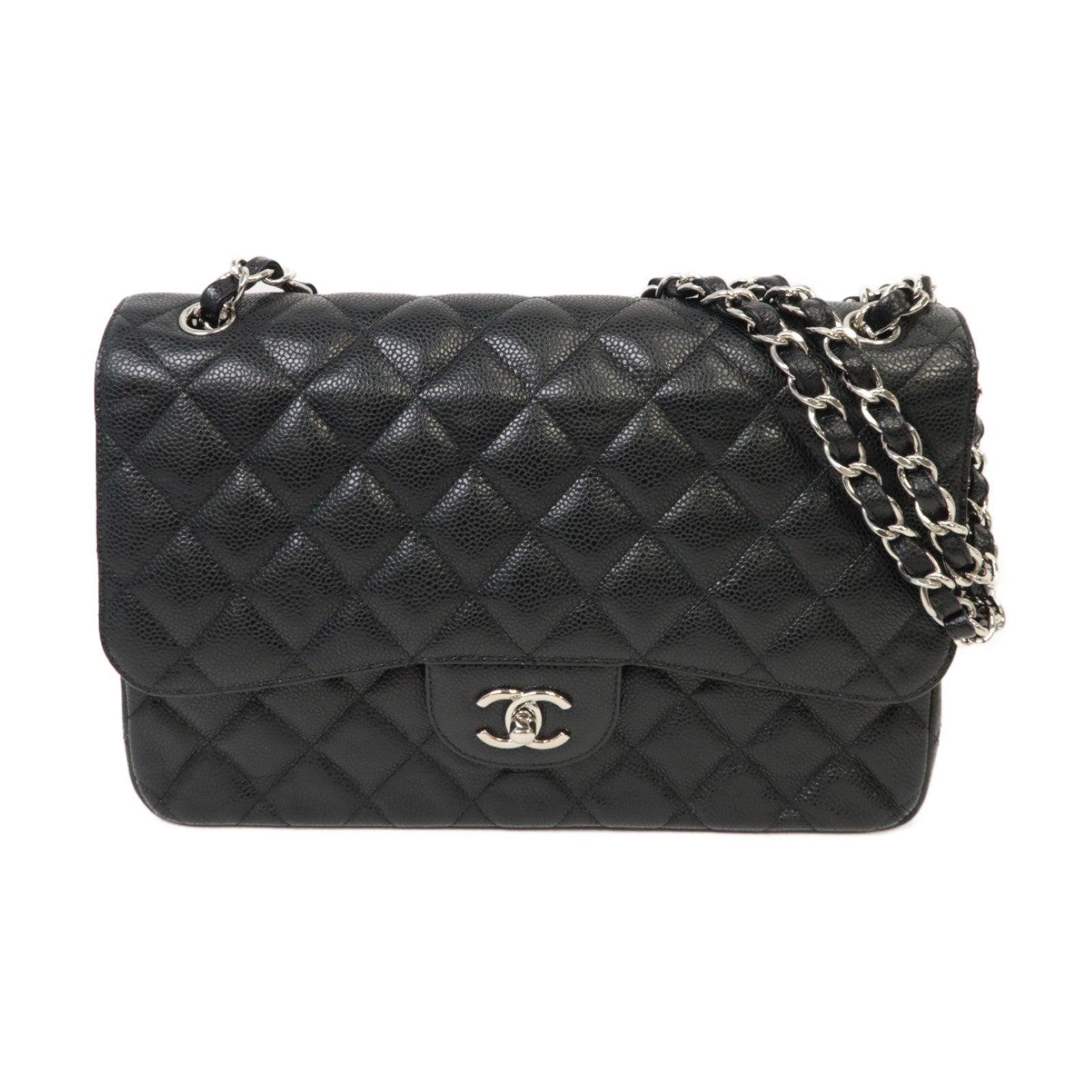 CHANEL 【激減優惠】菱格Caviar皮革Classic Jumbo銀扣鏈帶肩背袋黑色