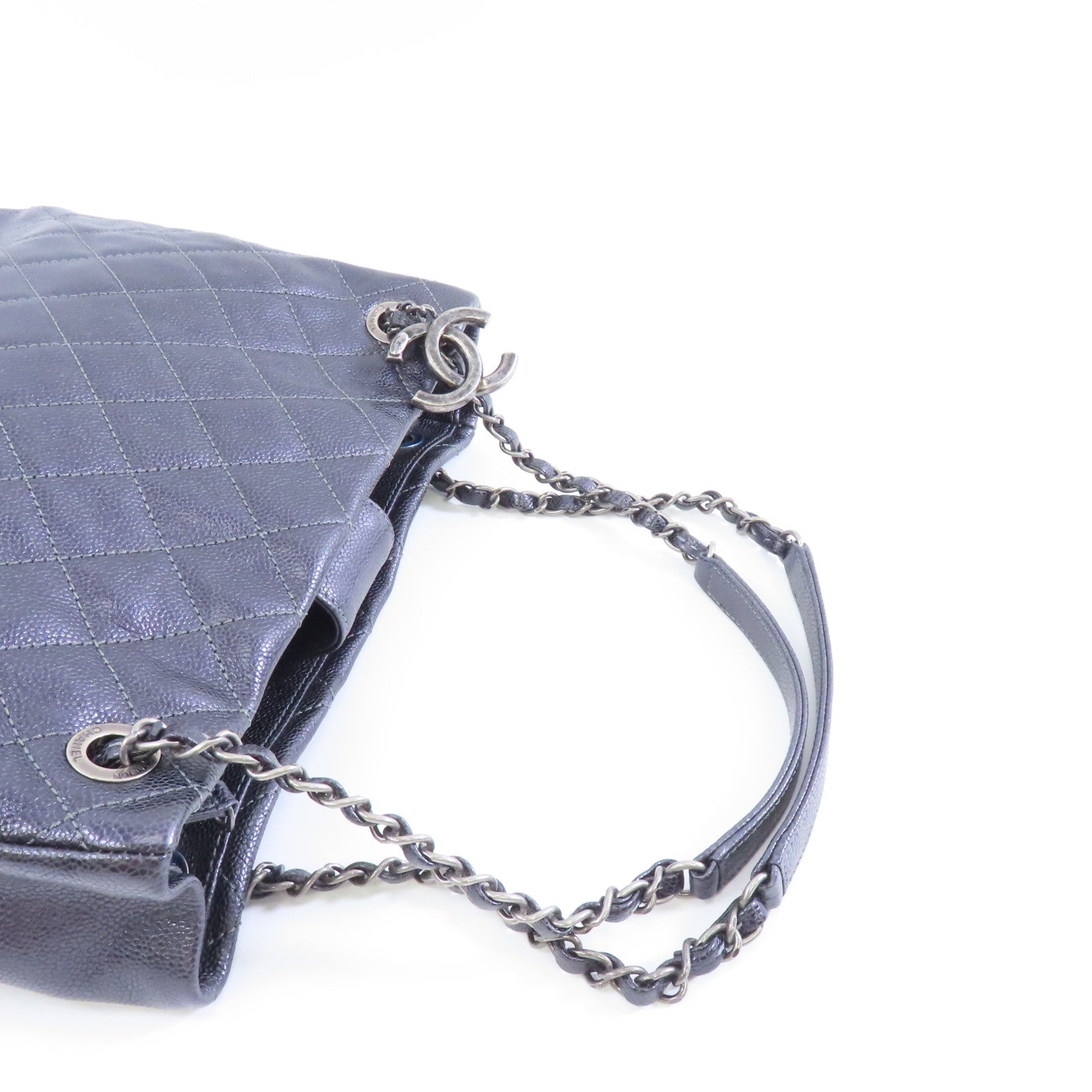 CHANEL 【激減優惠】菱格Caviar皮革Chain Shoulder銀扣鏈帶肩背袋深灰色