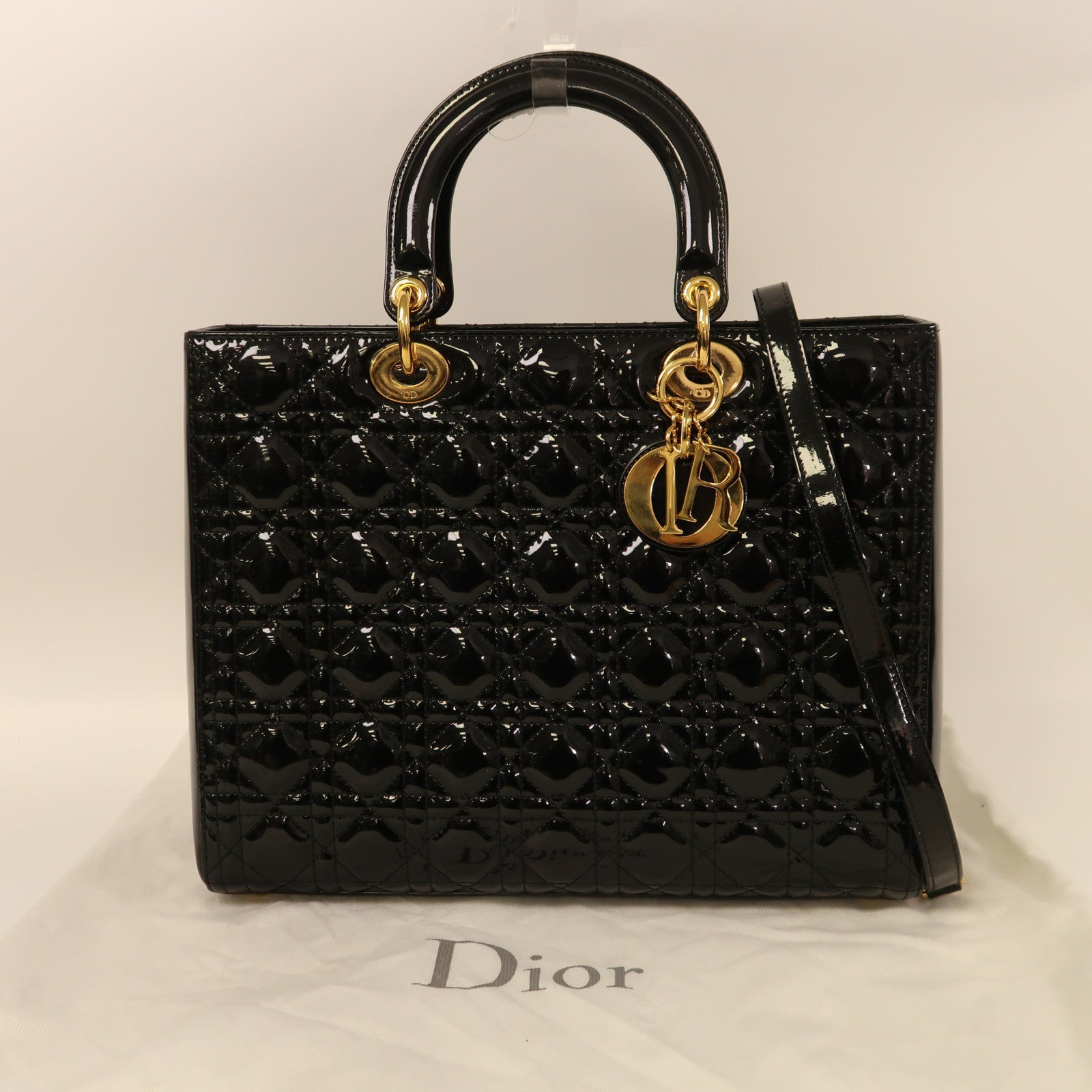 Dior 漆皮皮革Lady Dior Tote金扣手挽肩背兩用袋黑色