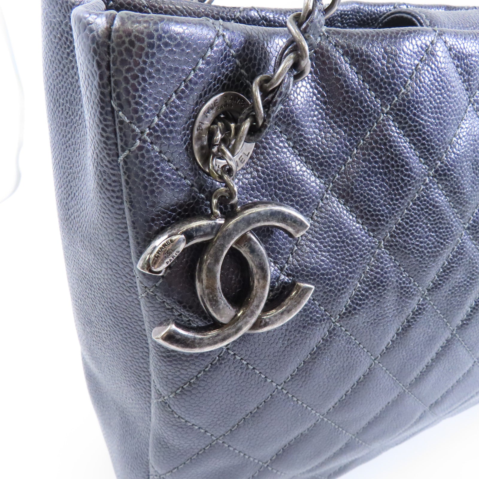 CHANEL 【激減優惠】菱格Caviar皮革Chain Shoulder銀扣鏈帶肩背袋深灰色