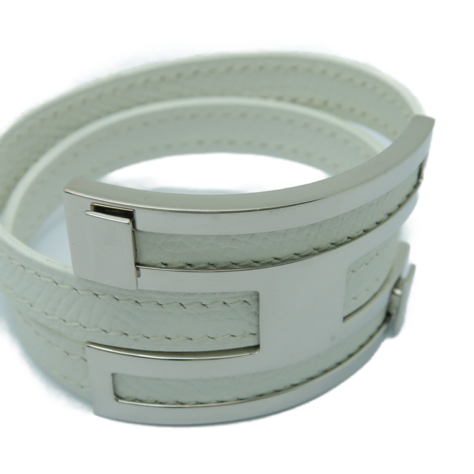 HERMES 【激減優惠】Epsom皮革/金屬Puspus Bracelet銀扣手鐲白色