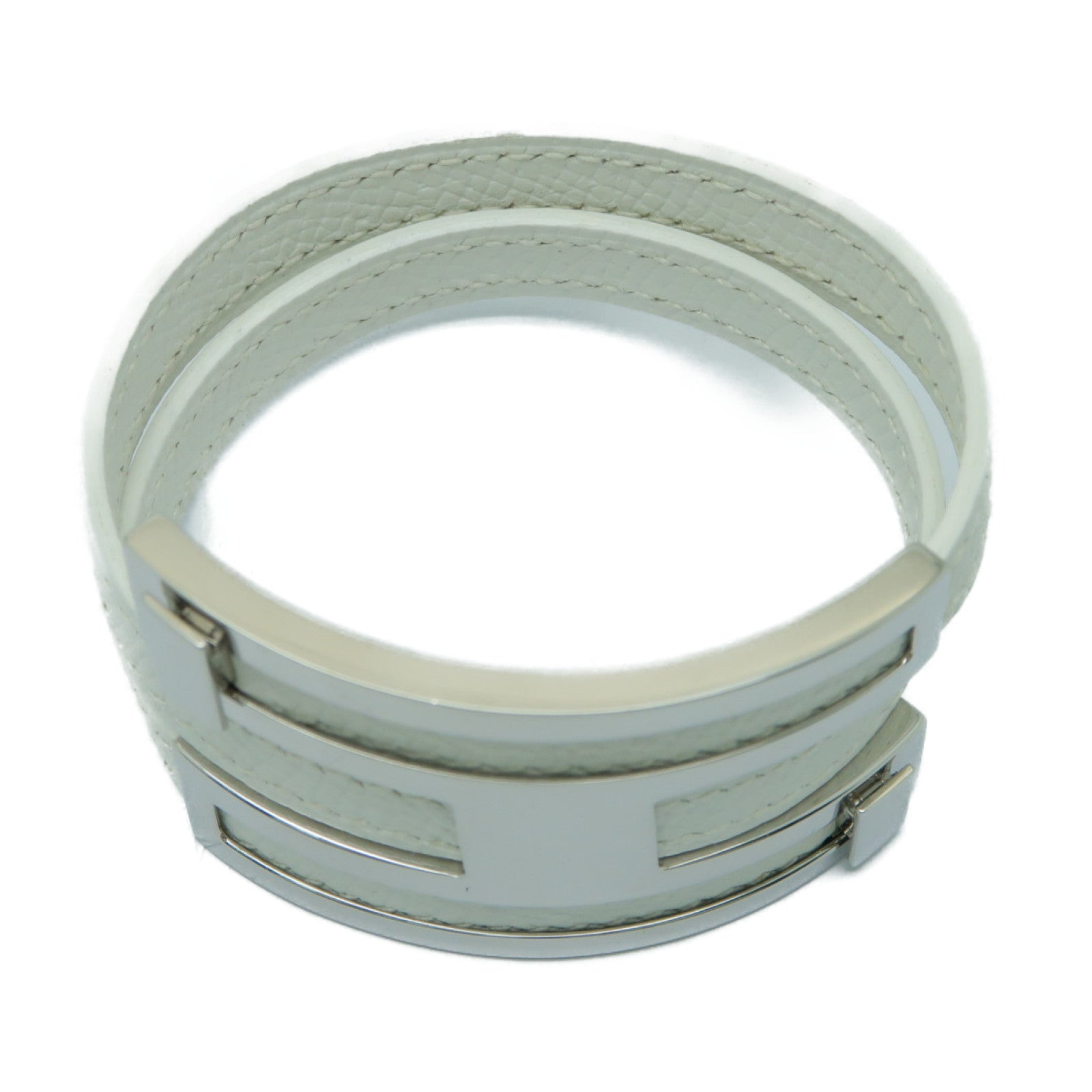 HERMES 【激減優惠】Epsom皮革/金屬Puspus Bracelet銀扣手鐲白色