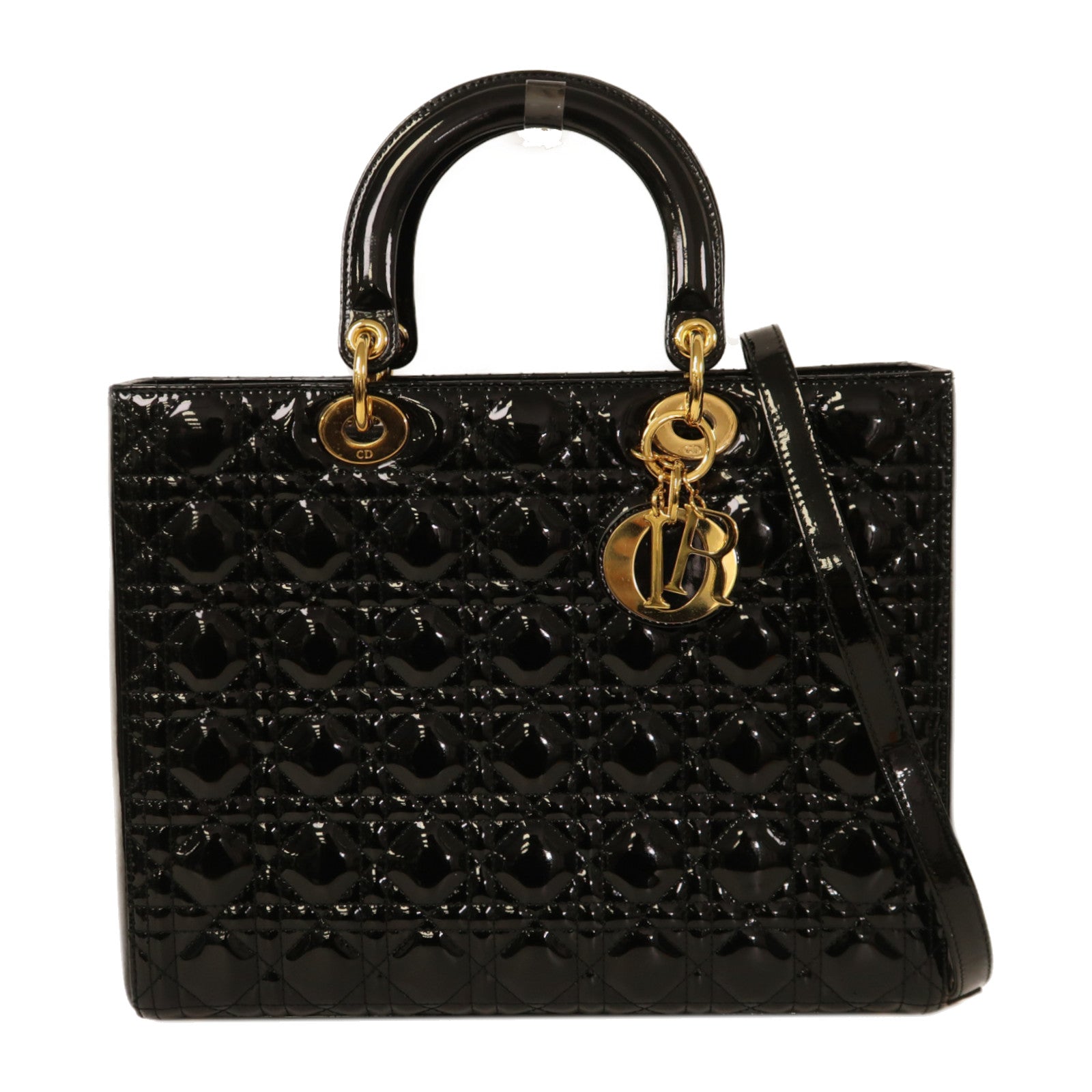 Dior 漆皮皮革Lady Dior Tote金扣手挽肩背兩用袋黑色