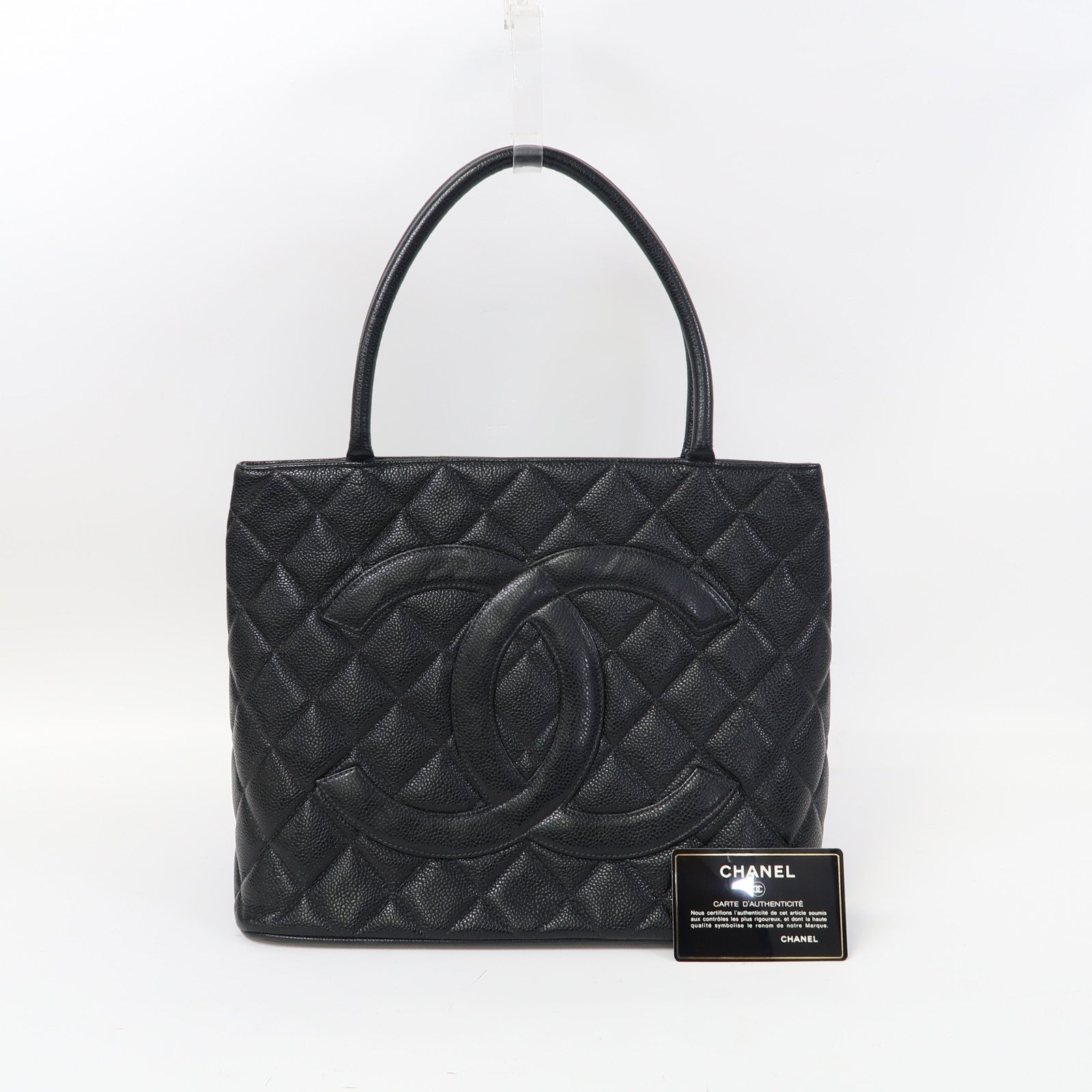 CHANEL 菱格Caviar皮革Vintage Tote金扣肩背袋黑色
