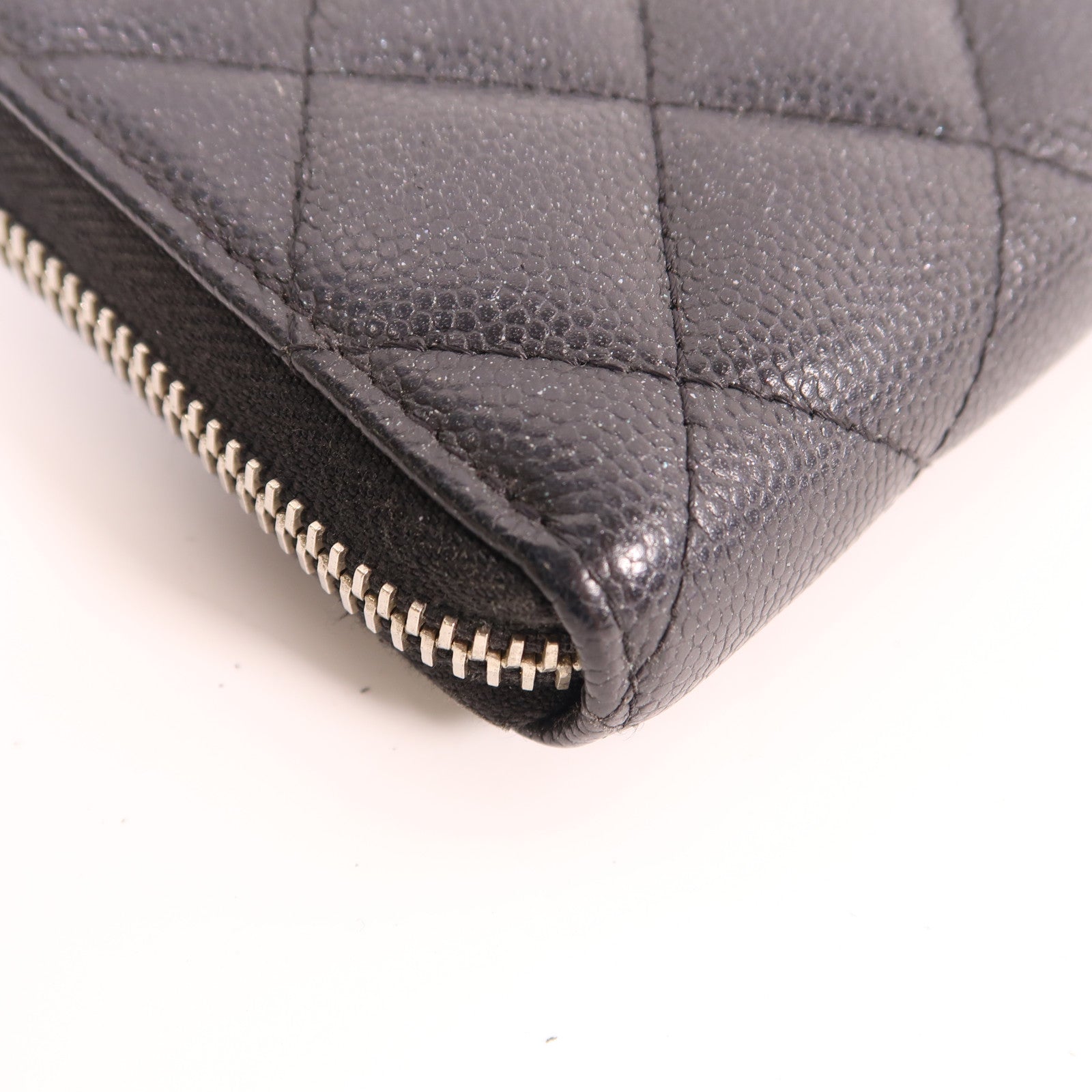 CHANEL 菱格Caviar皮革Zipper Long Wallet銀扣長錢包黑色