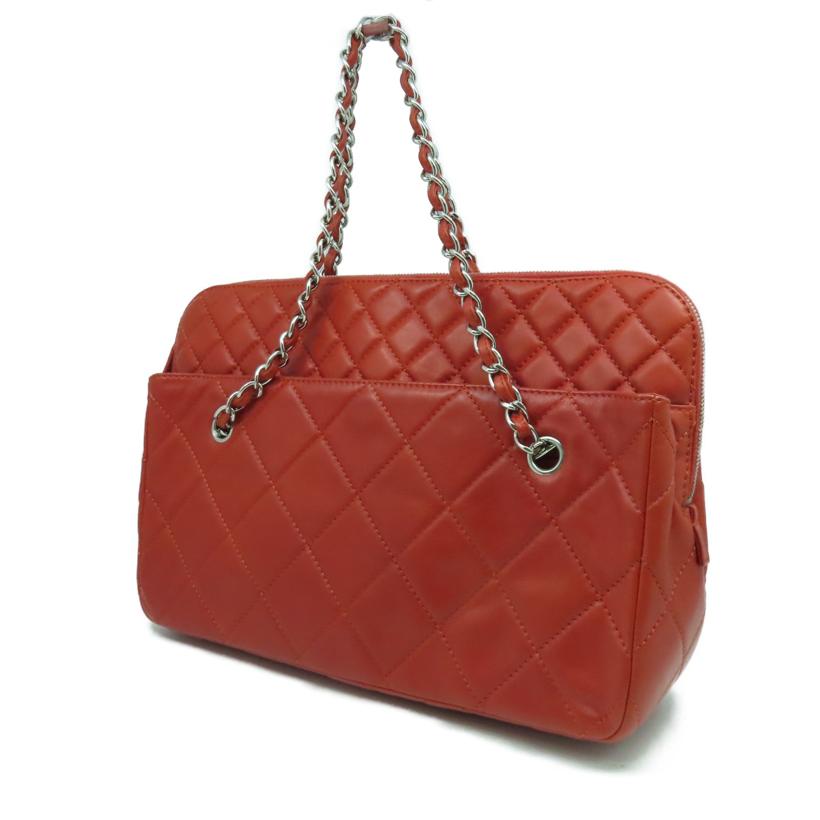 CHANEL 【清倉大減價】菱格皮革Chain Shoulder Bag銀扣鏈帶肩背袋紅色