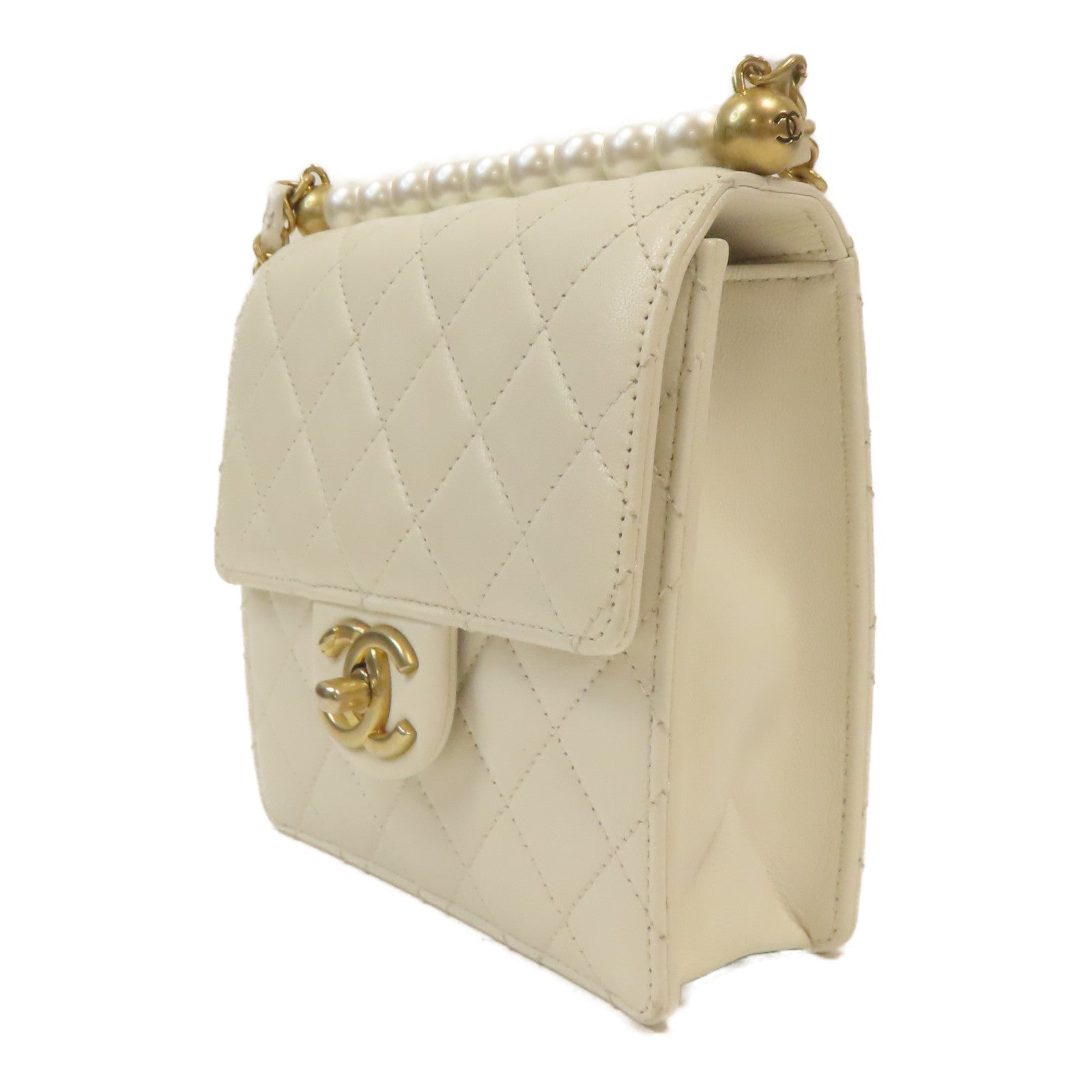 CHANEL 【激減優惠】菱格牛皮皮革Pearl Flap Bag金扣鏈帶肩背袋白色