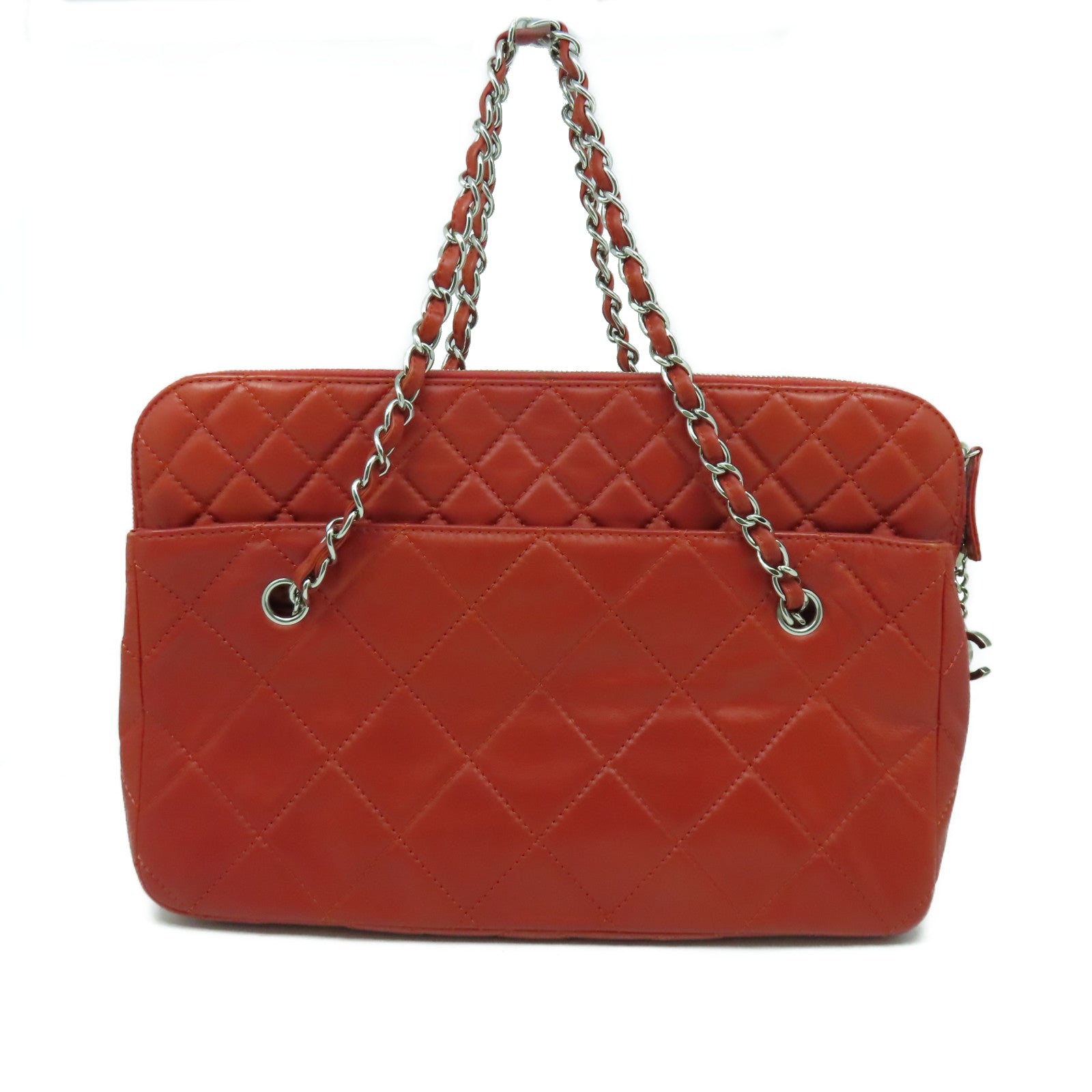 CHANEL 【清倉大減價】菱格皮革Chain Shoulder Bag銀扣鏈帶肩背袋紅色