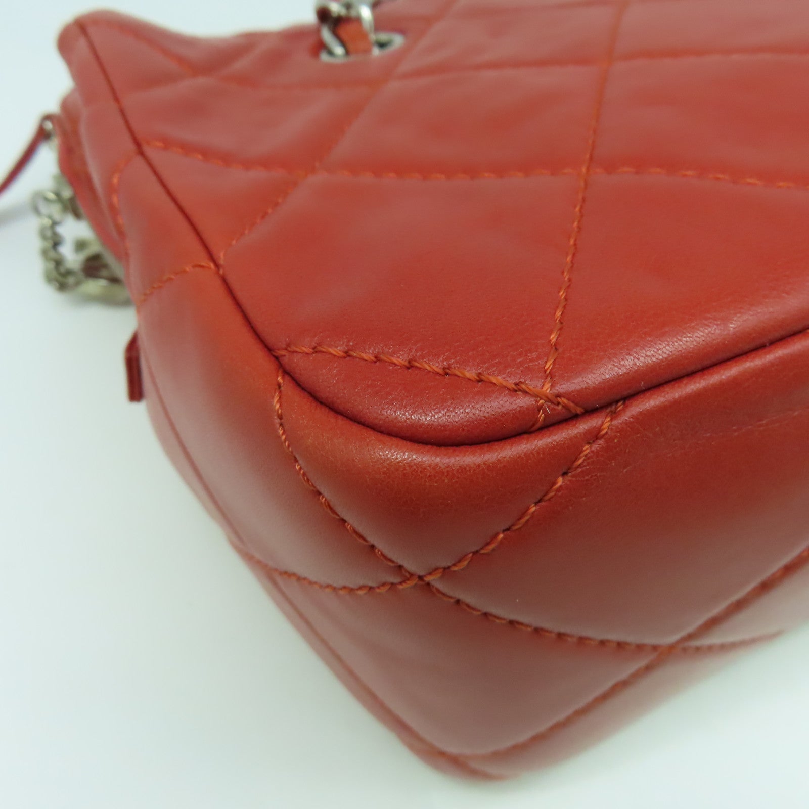 CHANEL 【清倉大減價】菱格皮革Chain Shoulder Bag銀扣鏈帶肩背袋紅色