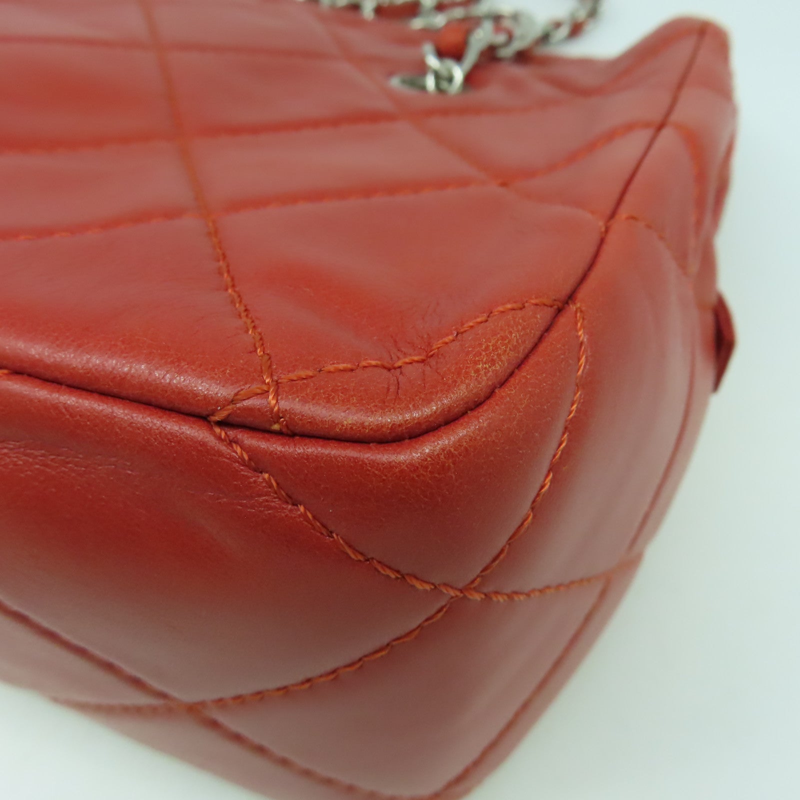 CHANEL 【清倉大減價】菱格皮革Chain Shoulder Bag銀扣鏈帶肩背袋紅色