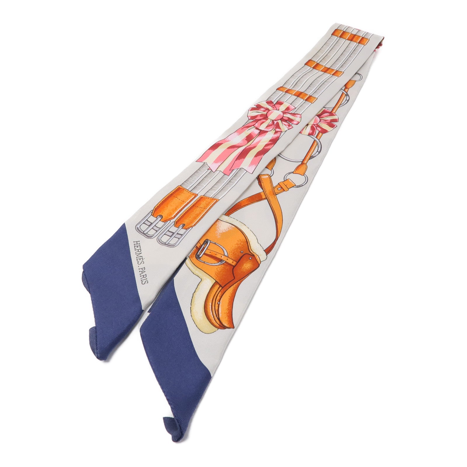 HERMES Twilly Scarf Scarves Silk Navy White Beige Orange