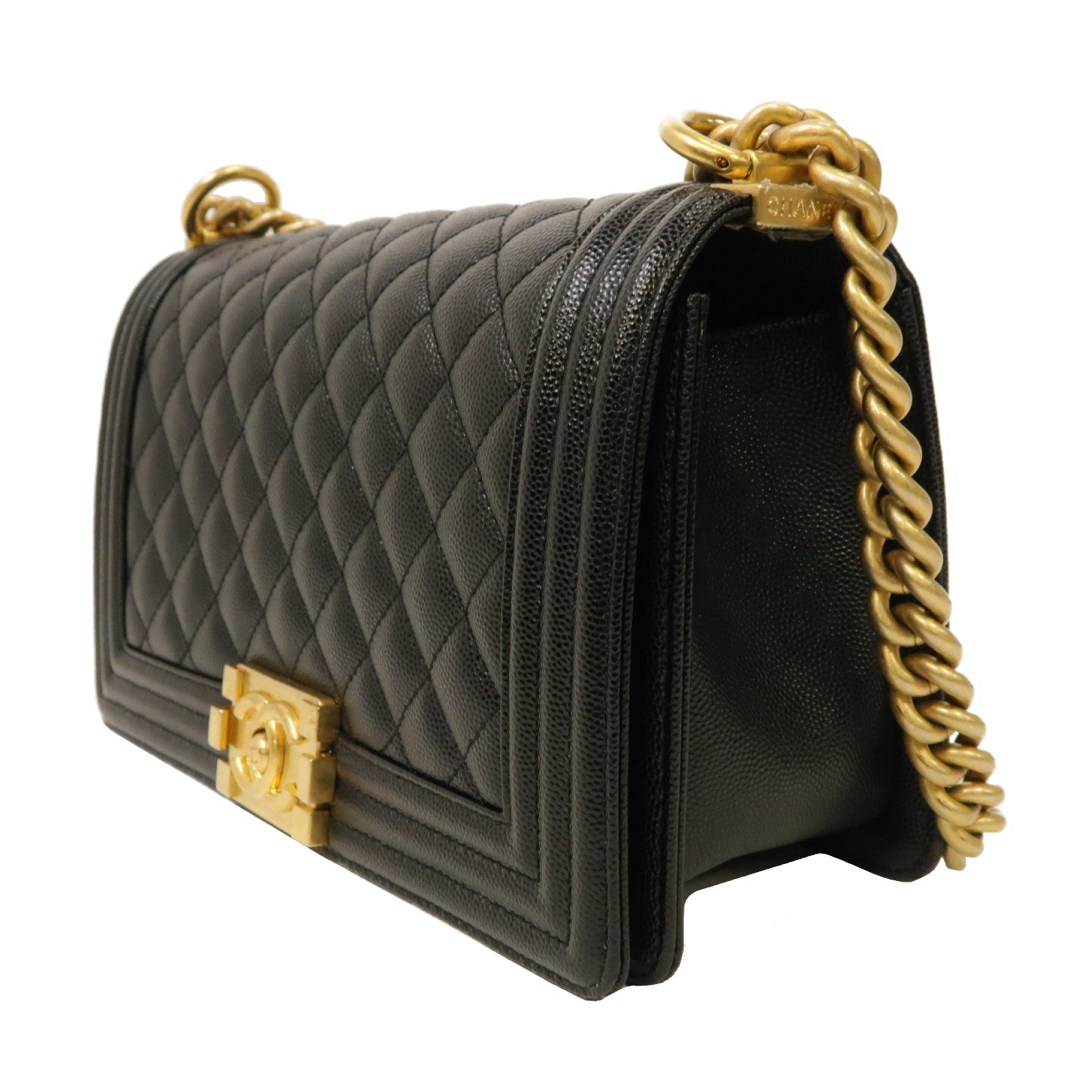 CHANEL 菱格Caviar皮革金扣鏈帶肩背袋黑色