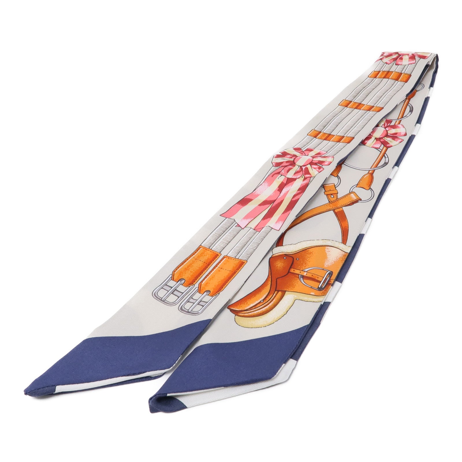 HERMES 絲質Twilly絲巾深藍色/白色/米色/橙色