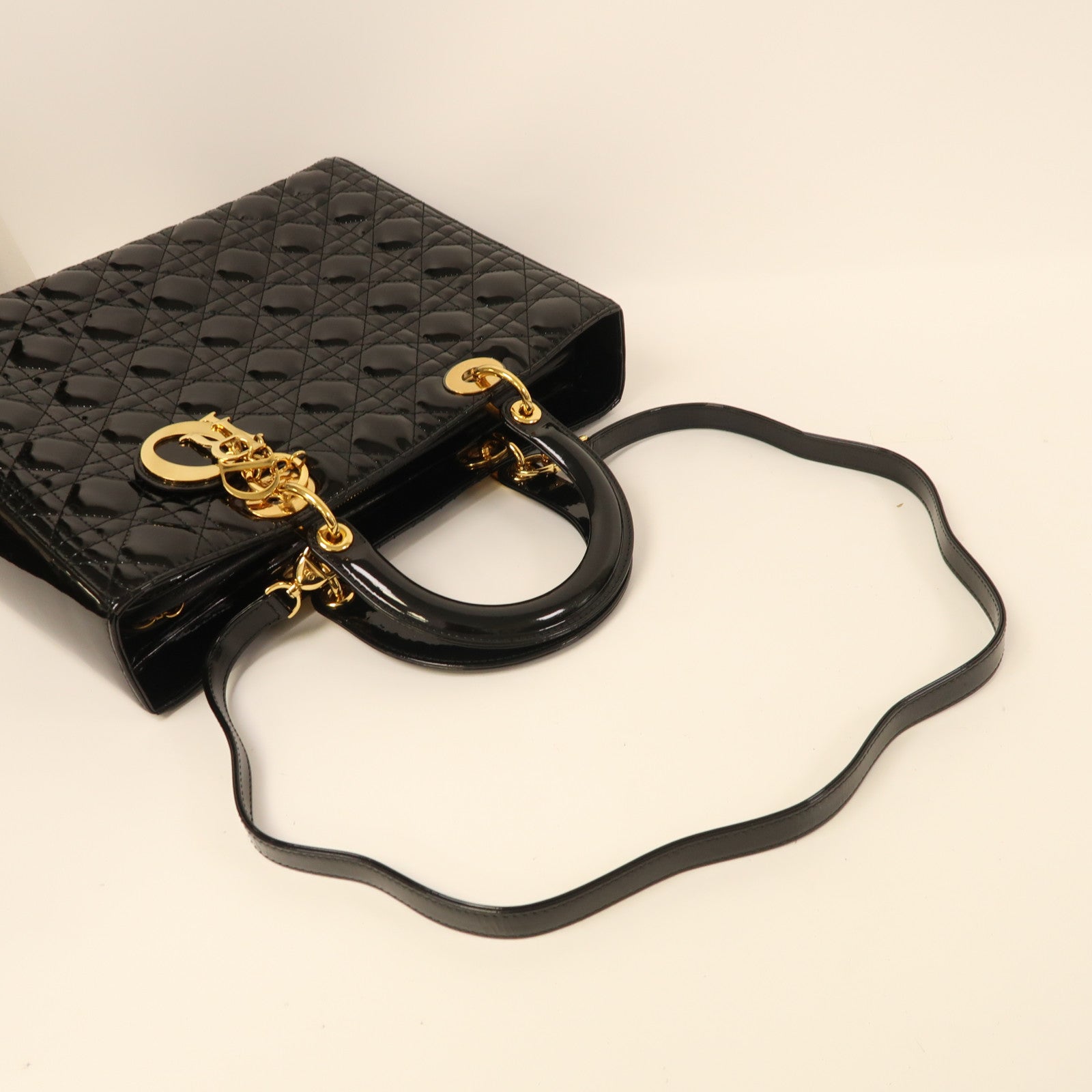 Dior 漆皮皮革Lady Dior Tote金扣手挽肩背兩用袋黑色