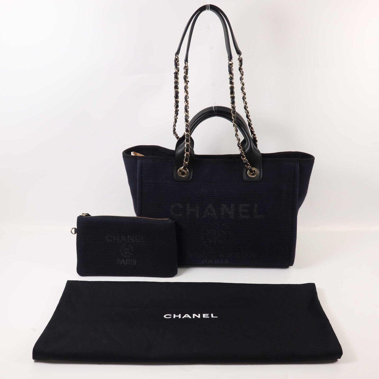 CHANEL 帆布Deauville MM鏈帶手挽肩背兩用袋