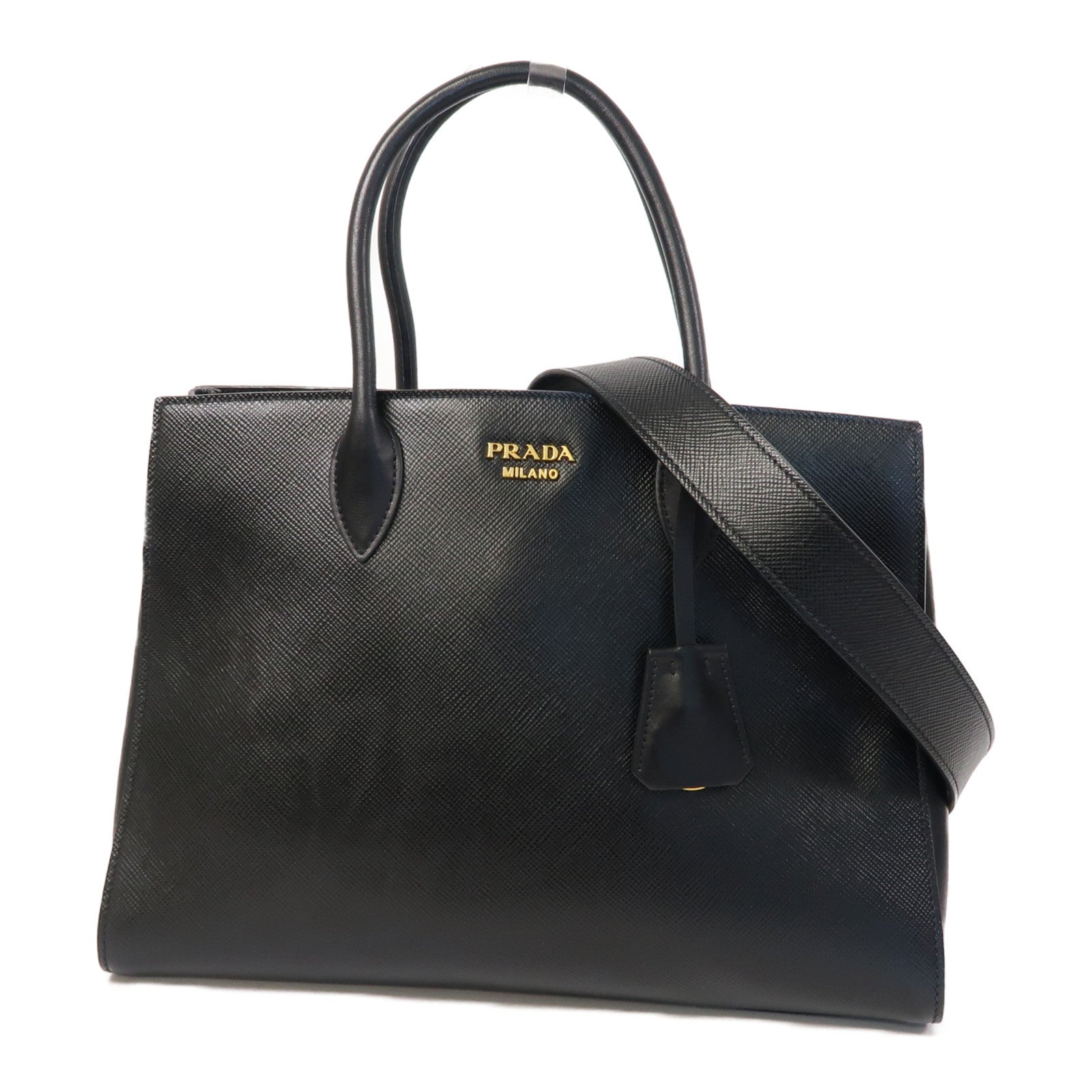 PRADA 牛皮皮革Shoulder Bag金扣手挽肩背兩用袋黑色